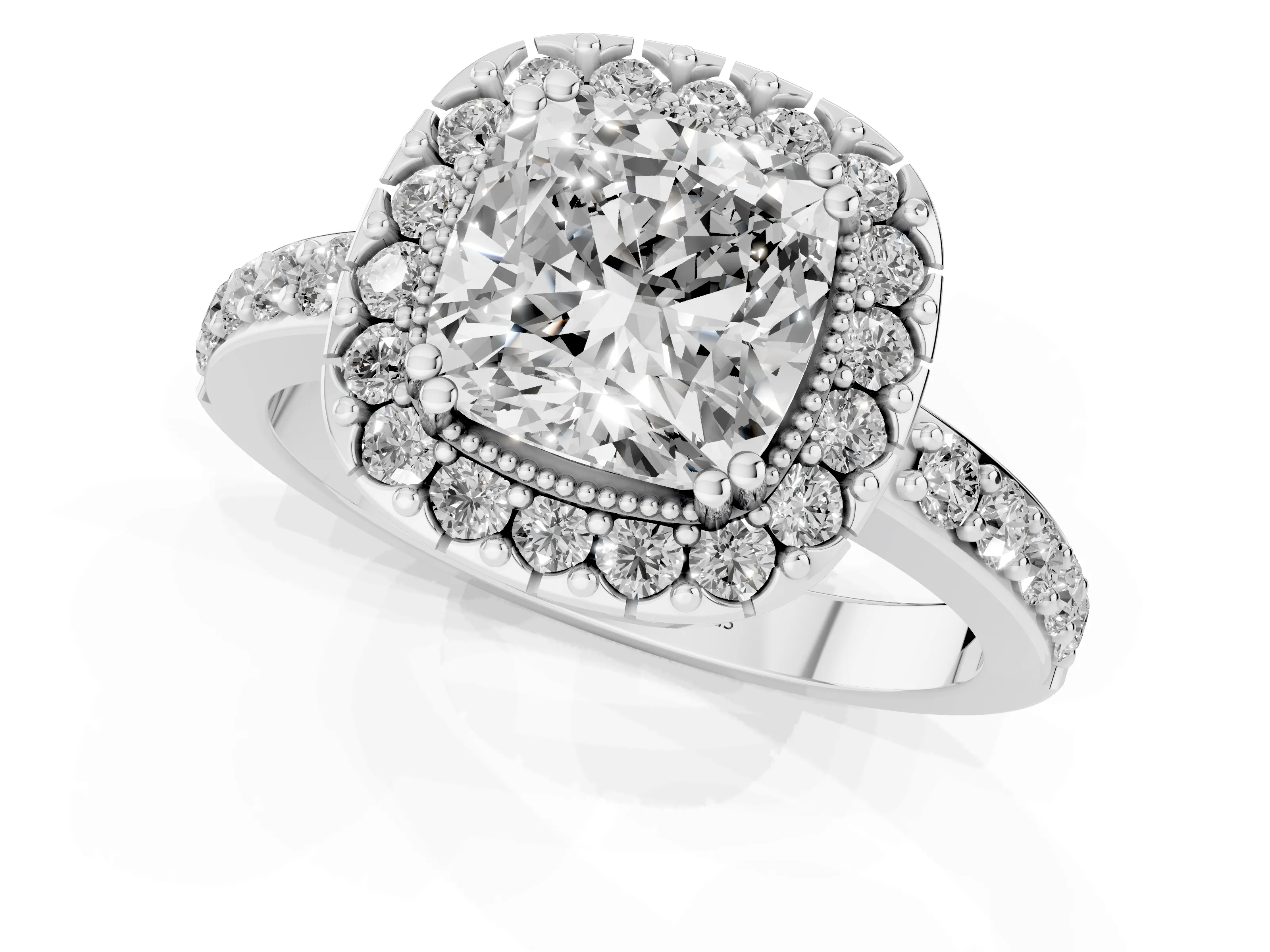 Cushion Cut Diamond Halo Ring Set in White gold with Pavé Shank and Prong Setting