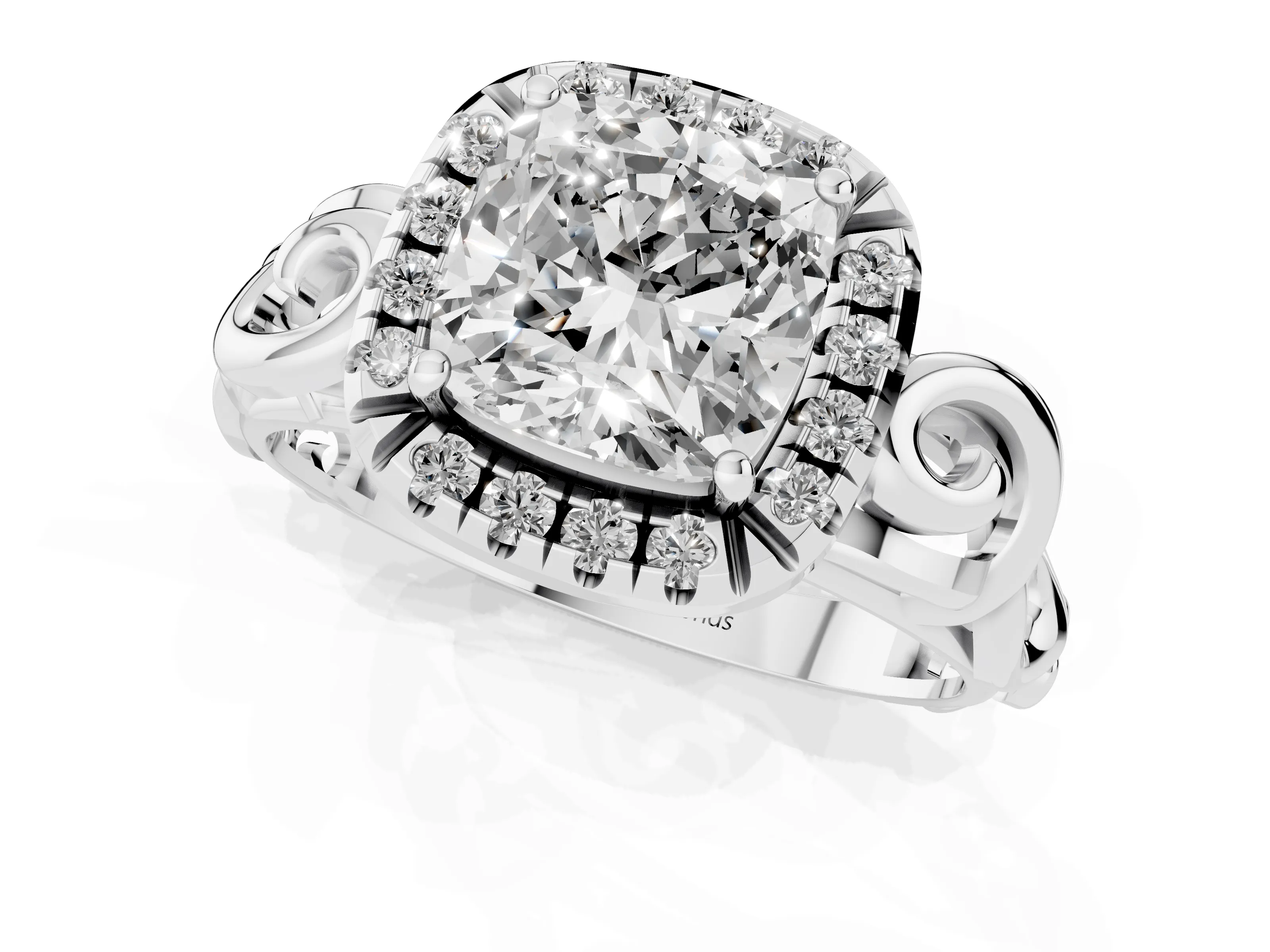 Cushion Cut Diamond Halo Ring Set in Platinum with Scrollwork Band and Prong Setting