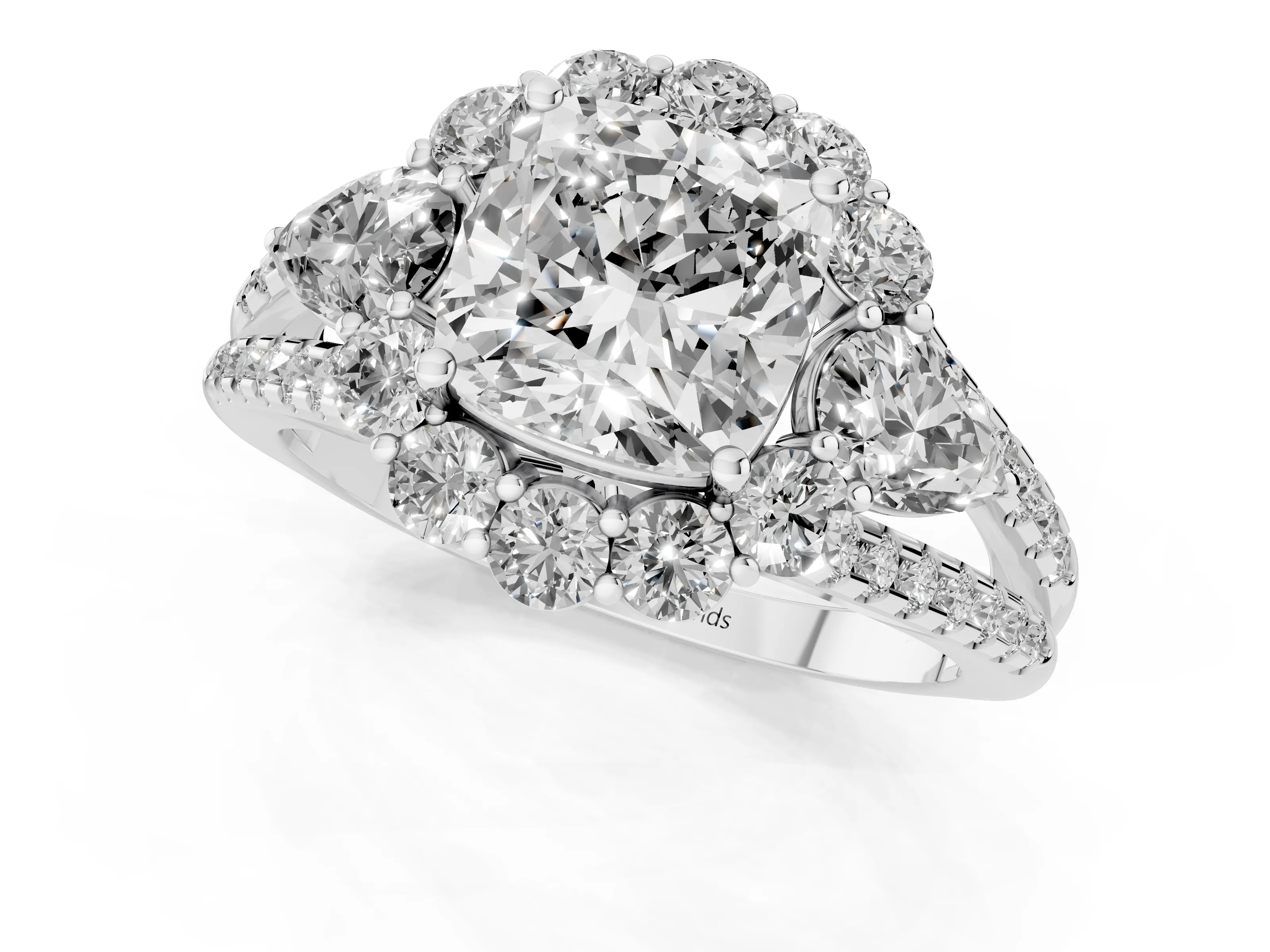 Cushion Cut Diamond Halo Split Shank Engagement Ring Set in Platinum with Prong-Held Center Stone