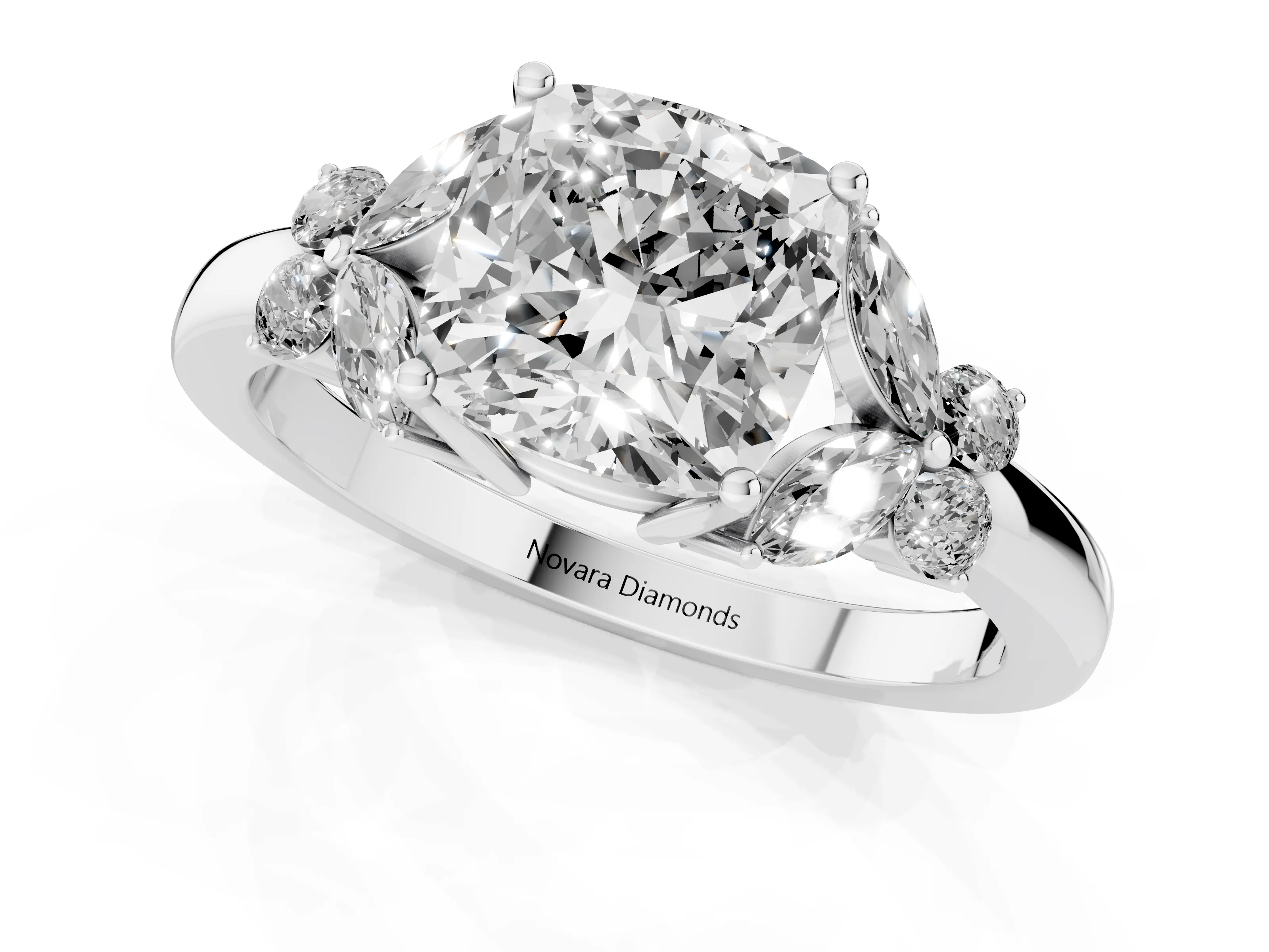 Cushion Cut Diamond Solitaire Floral Ring Set in Silver with Marquise Petals and Prong Setting