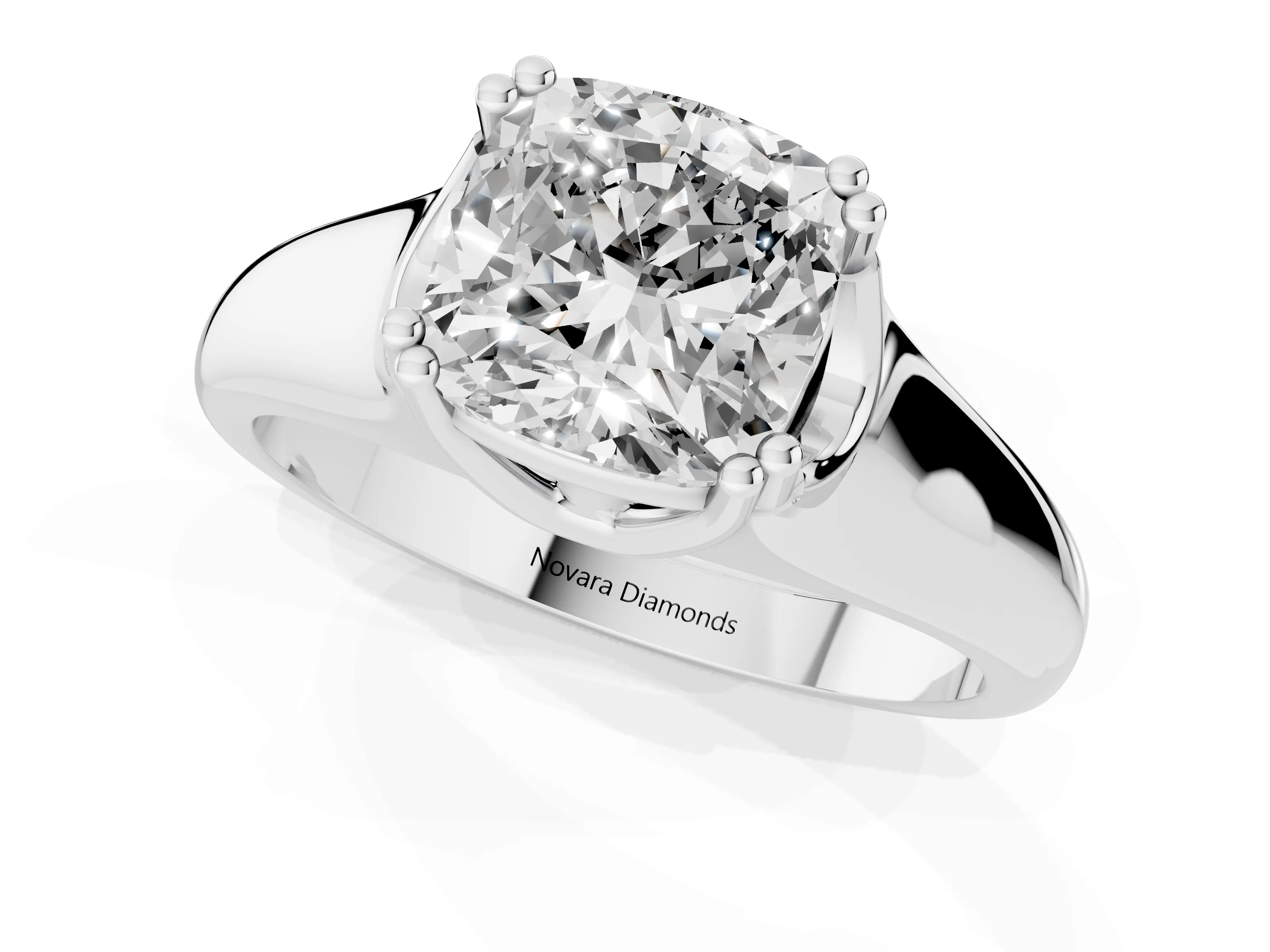 Cushion Cut Diamond Solitaire Ring Set in White gold with Wide Band and Prong Setting