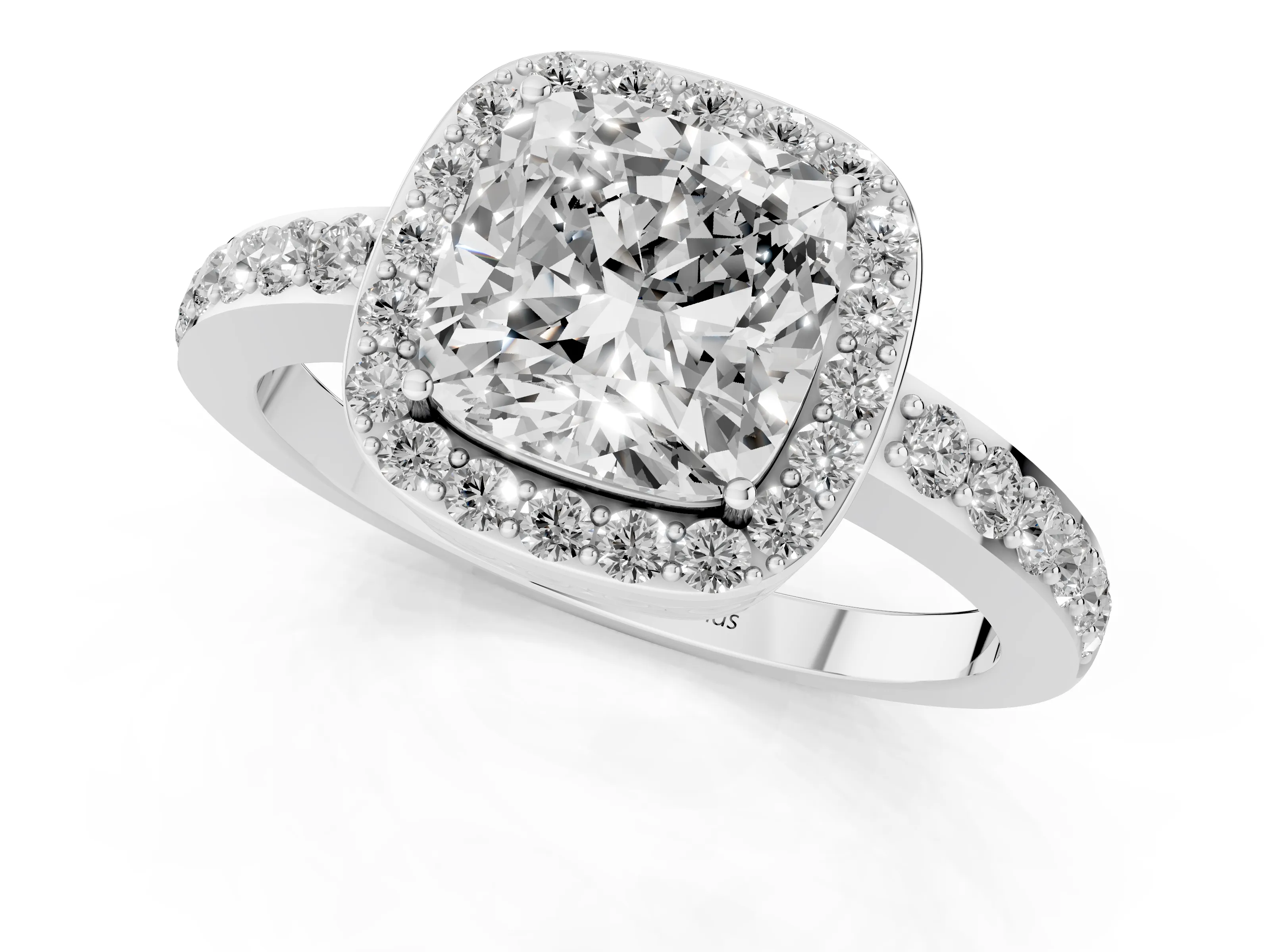 Cushion Cut Diamond Halo Ring Set in White gold with Pavé-Setting Band and Open Prong Center