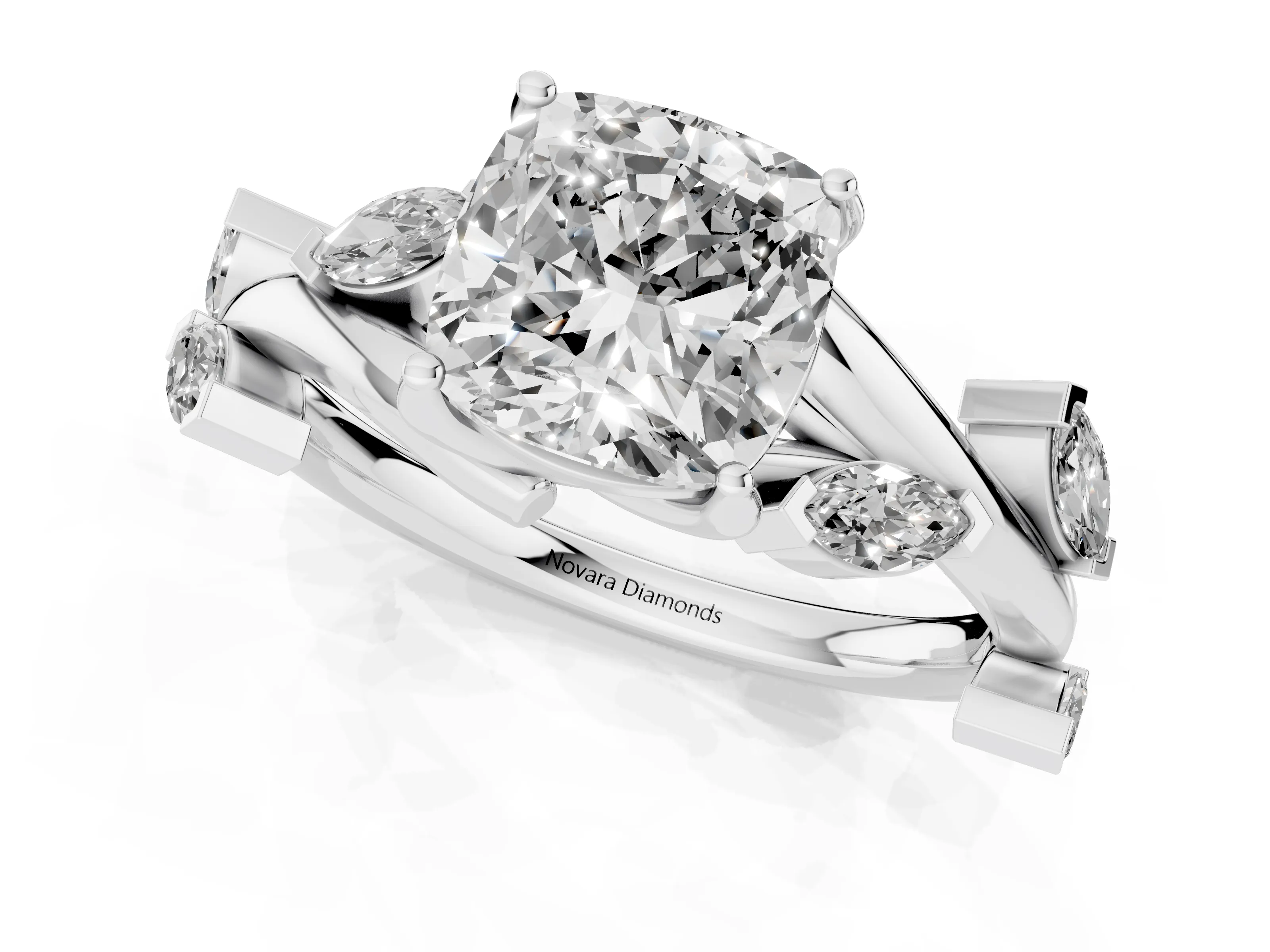 Cushion Cut Diamond Solitaire Ring Set in White gold with Twisted Marquise Accent Band