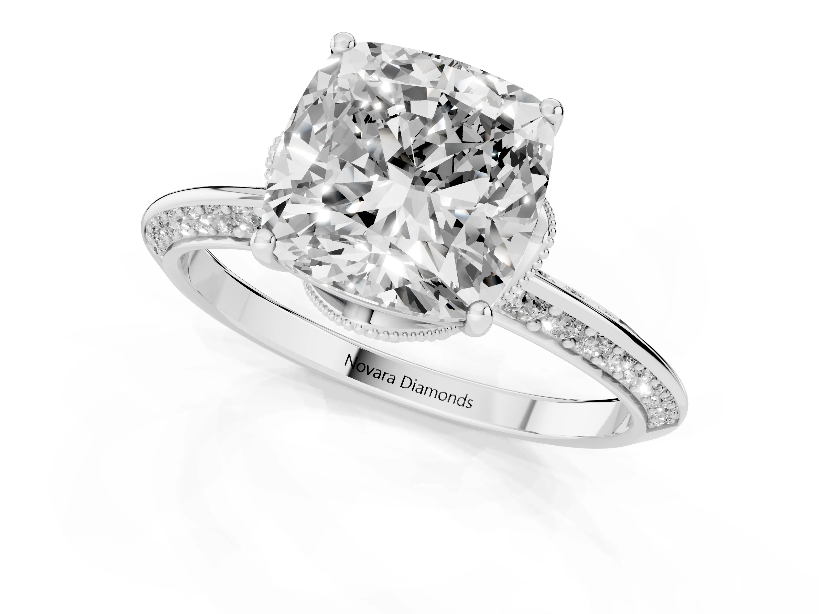 Cushion Cut Diamond Solitaire Engagement Ring Set in Silver with Pavé Split Shank and Prong Setting