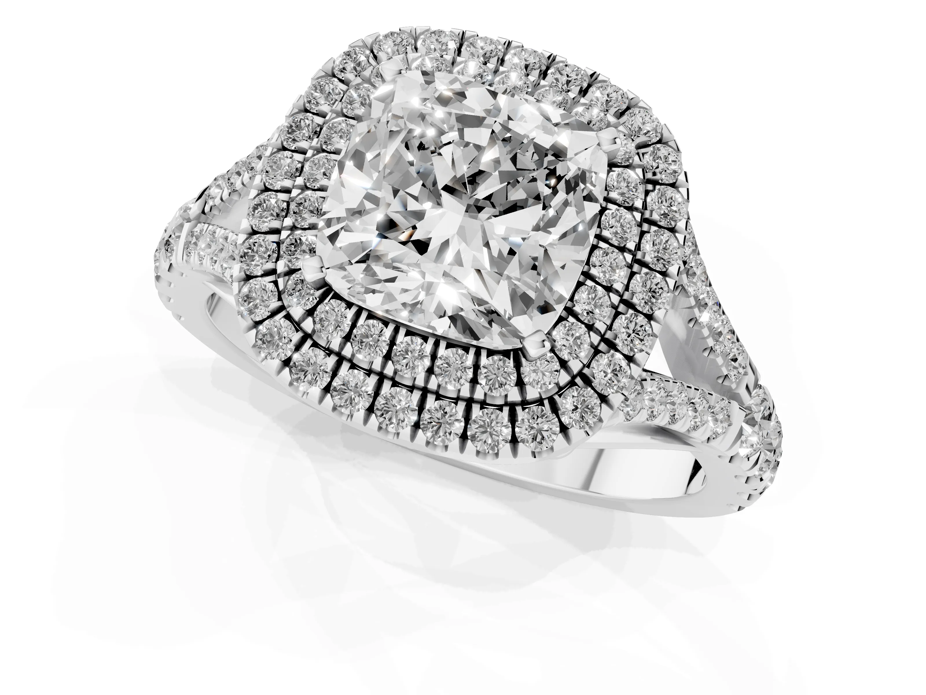 Cushion Cut Diamond Pavé Split Shank Double Halo Engagement Ring Set in Silver