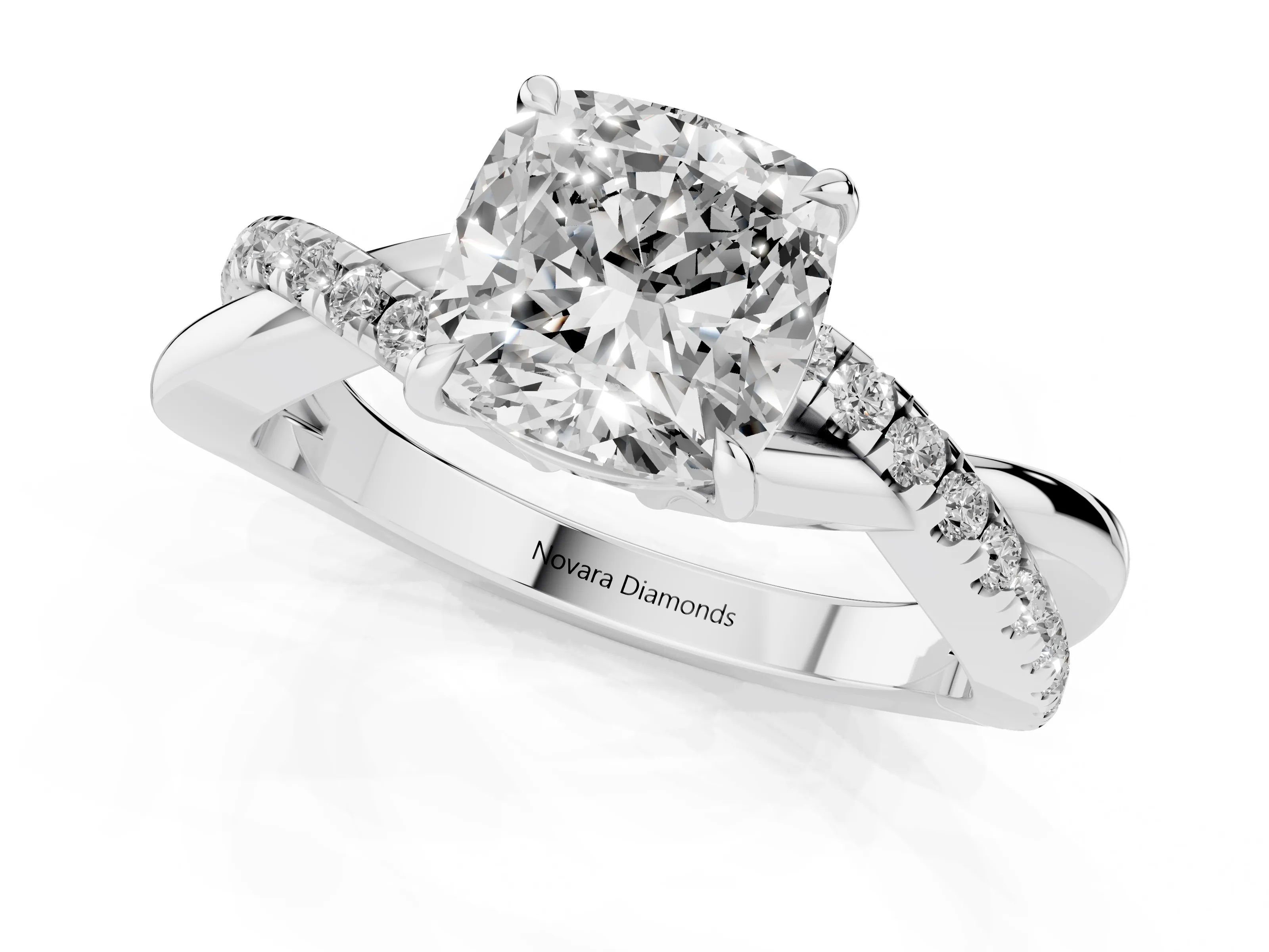 Cushion Cut Diamond Twisted Pavé Band Ring Set in Silver with Prong Setting