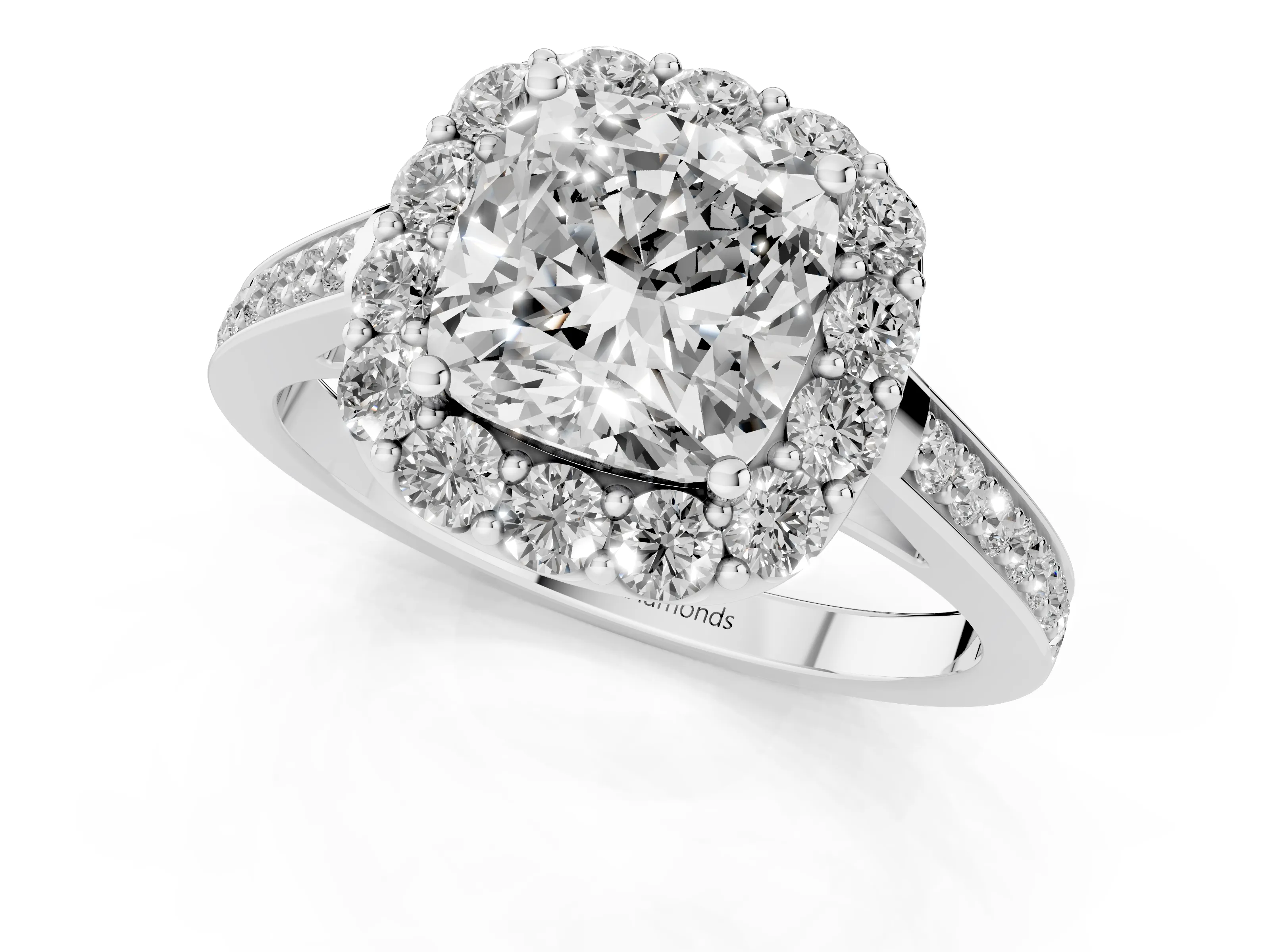 Cushion Cut Diamond Floral Halo Ring Set in White gold with Pavé Band and Prong Setting – second view