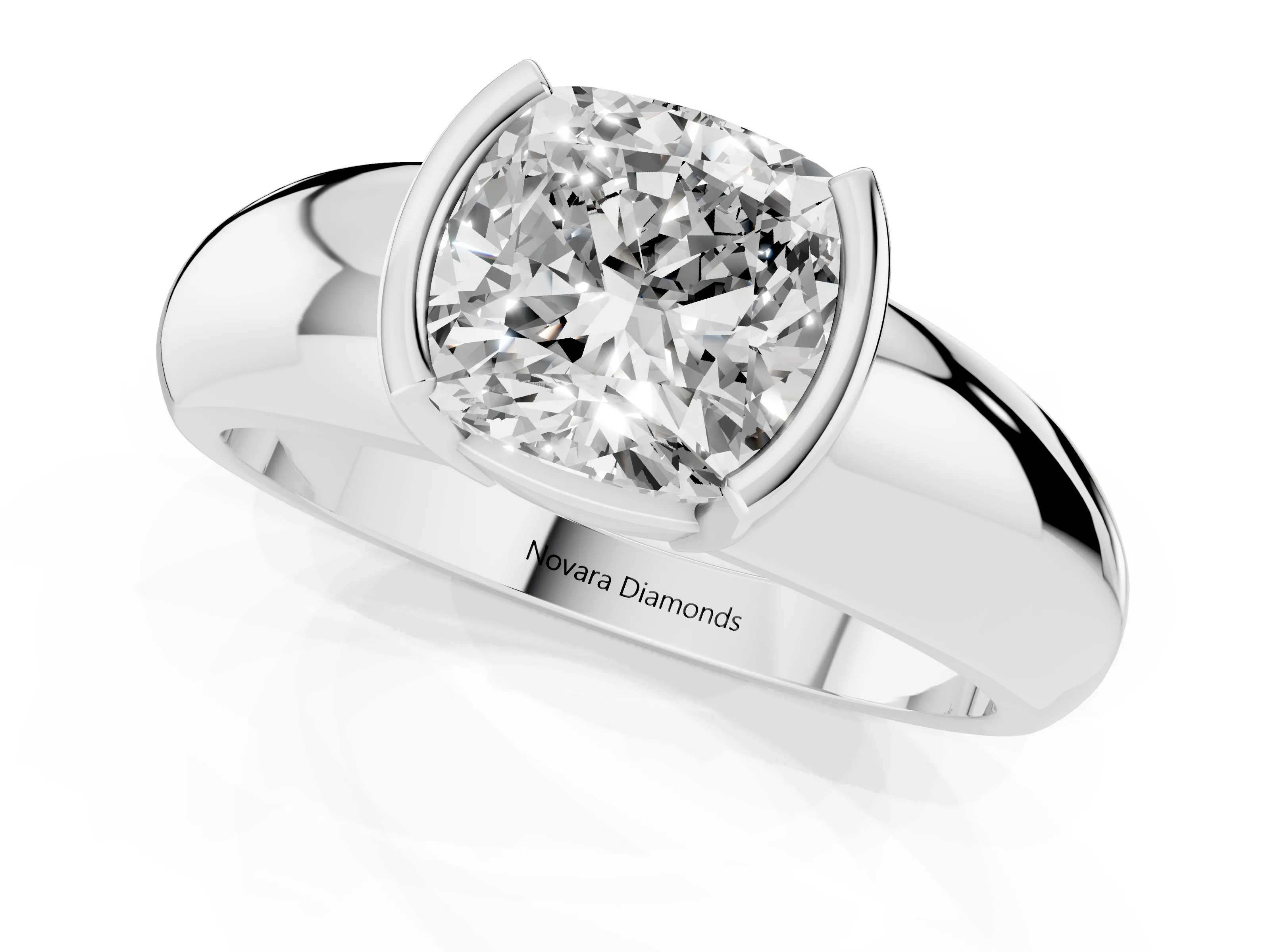 Cushion Cut Diamond Solitaire Tension Set Ring Set in Platinum with Wide Band