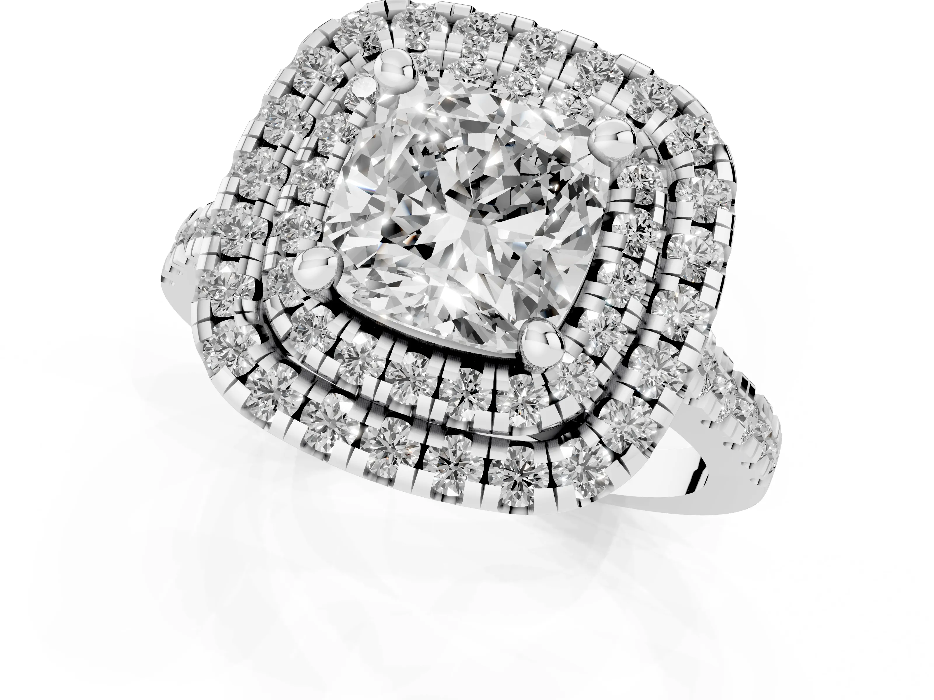 Cushion Cut Diamond Double Halo Statement Ring Set in Platinum with Pavé Band