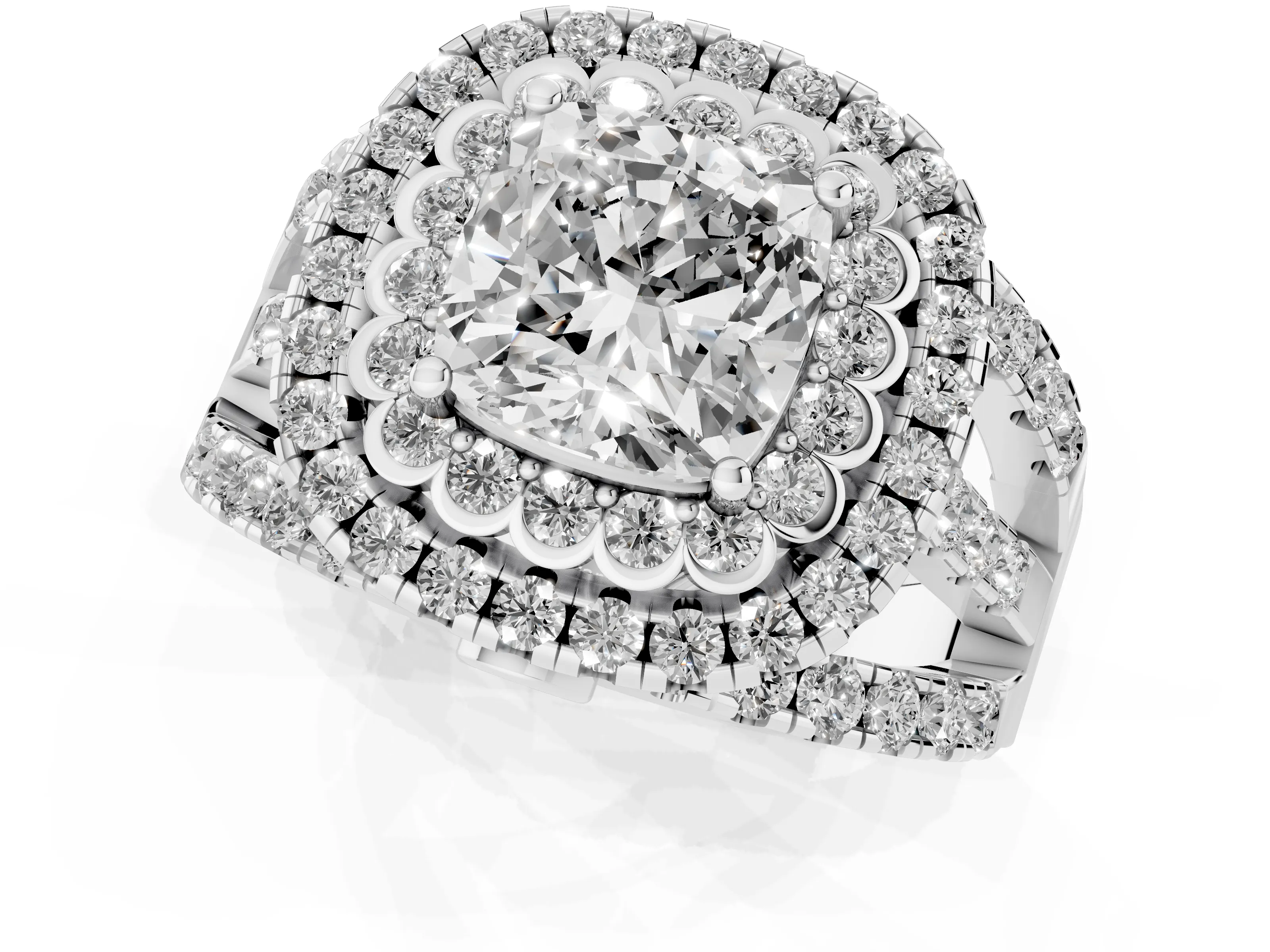 Cushion Cut Diamond Double Halo Ring Set in White gold with Round Pavé Split Shank – second view