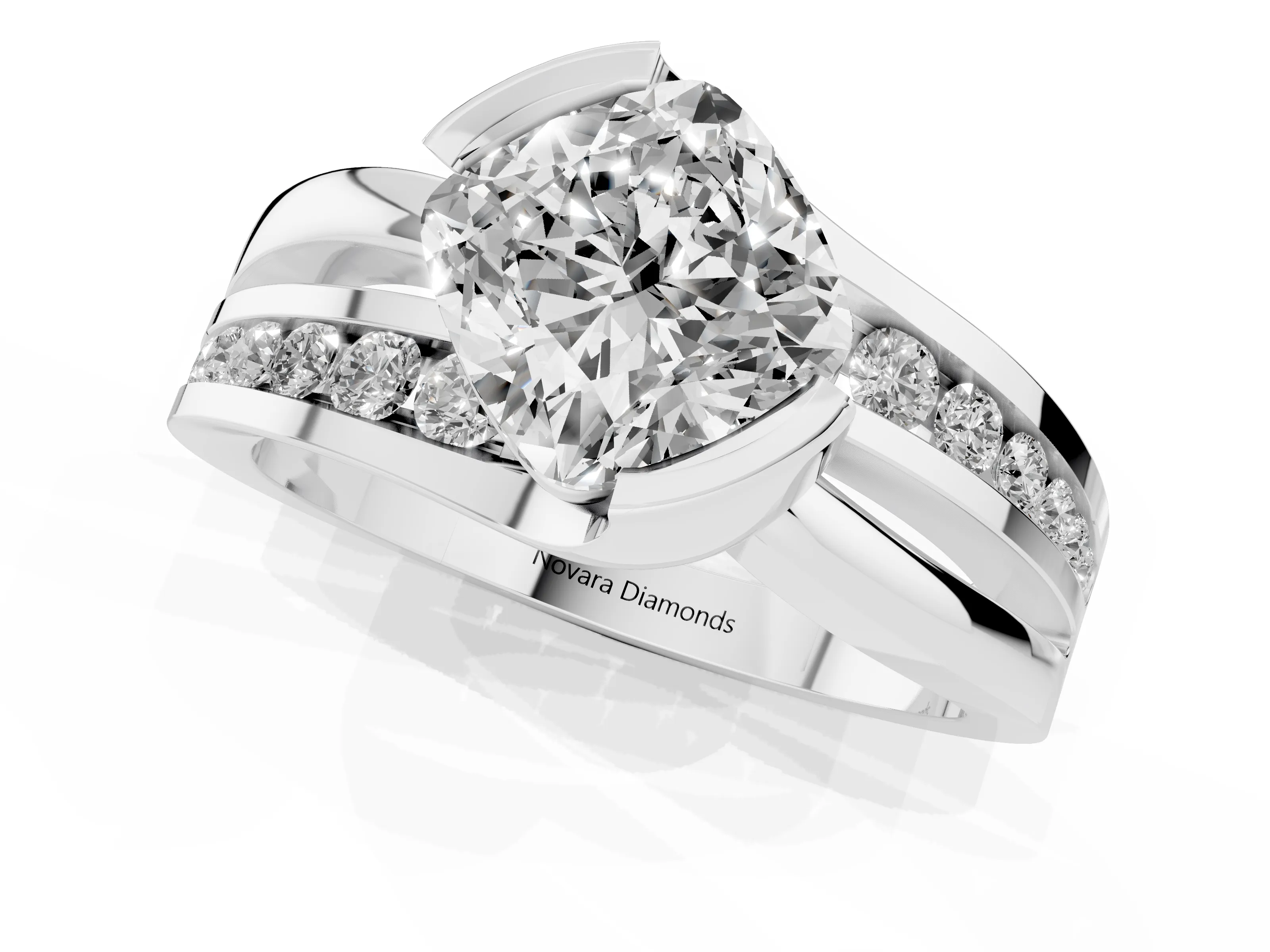Cushion Cut Diamond Solitaire Ring Set in Silver with Channel Set Split Shank and Tension Prongs