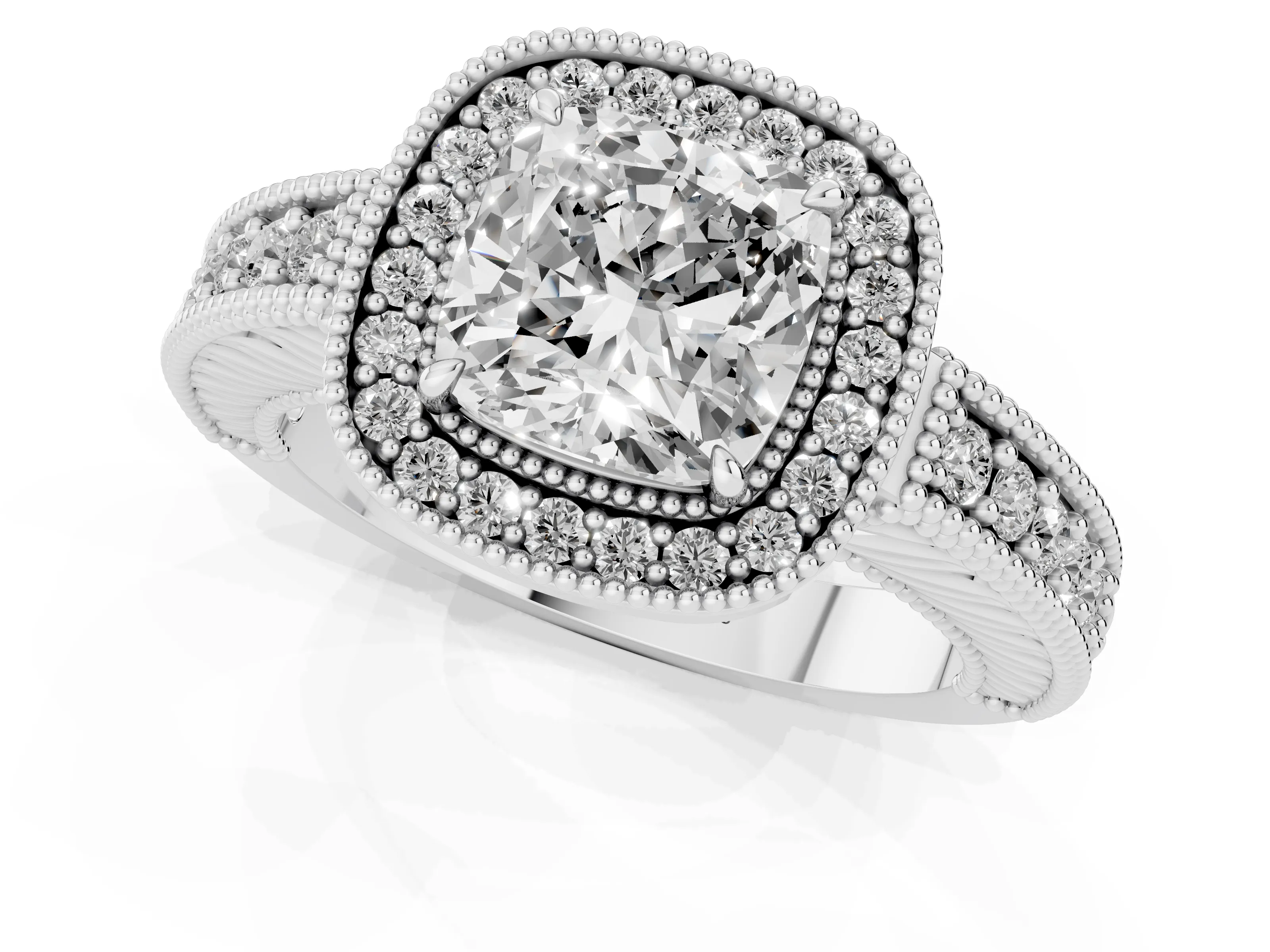 Cushion Cut Diamond Halo Ring Set in Platinum with Round Accent Halo, Pavé Band and Prong Setting – second view