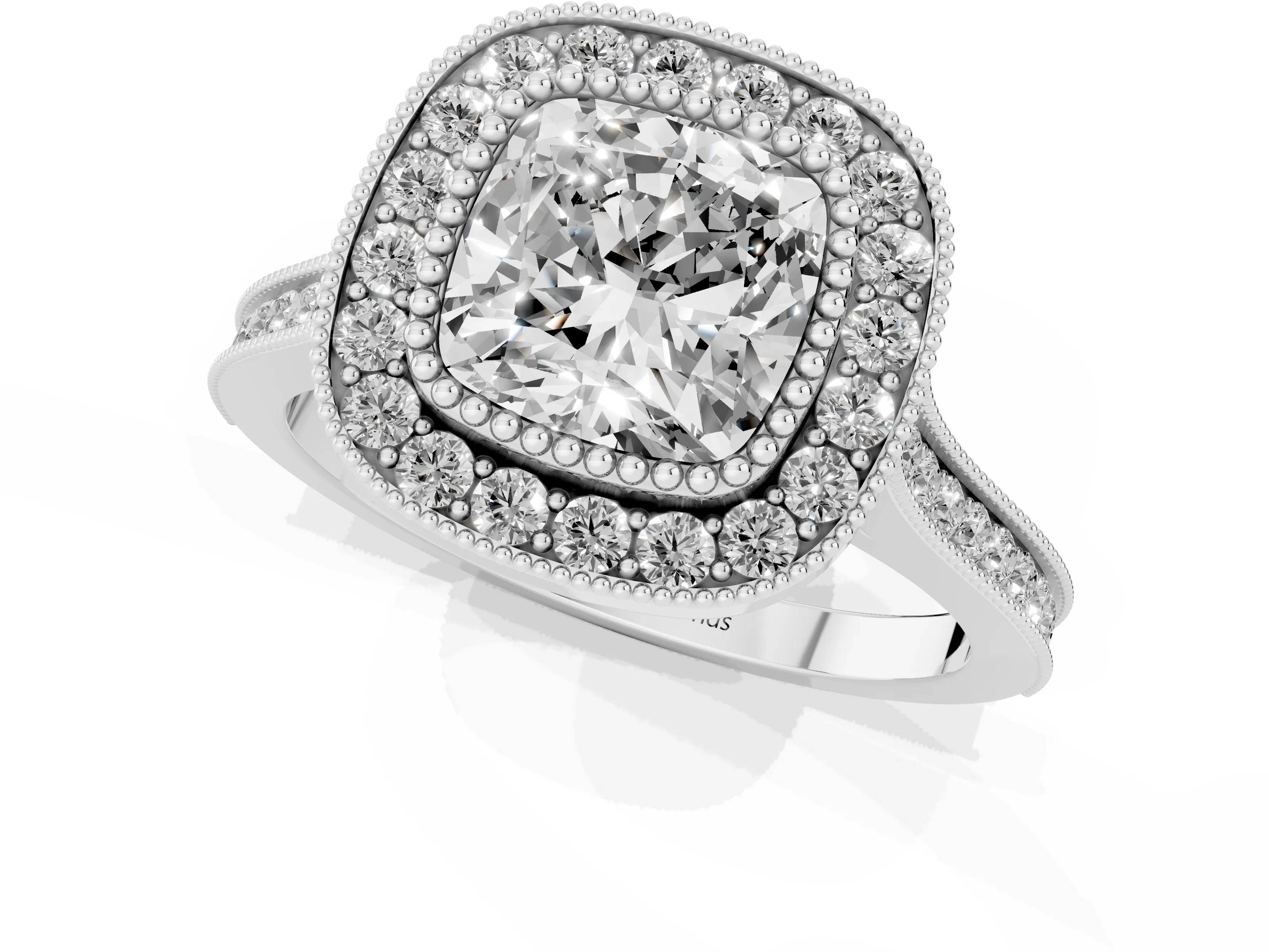 Cushion Cut Diamond Halo Ring Set in White gold with Milgrain Frame and Pavé Band