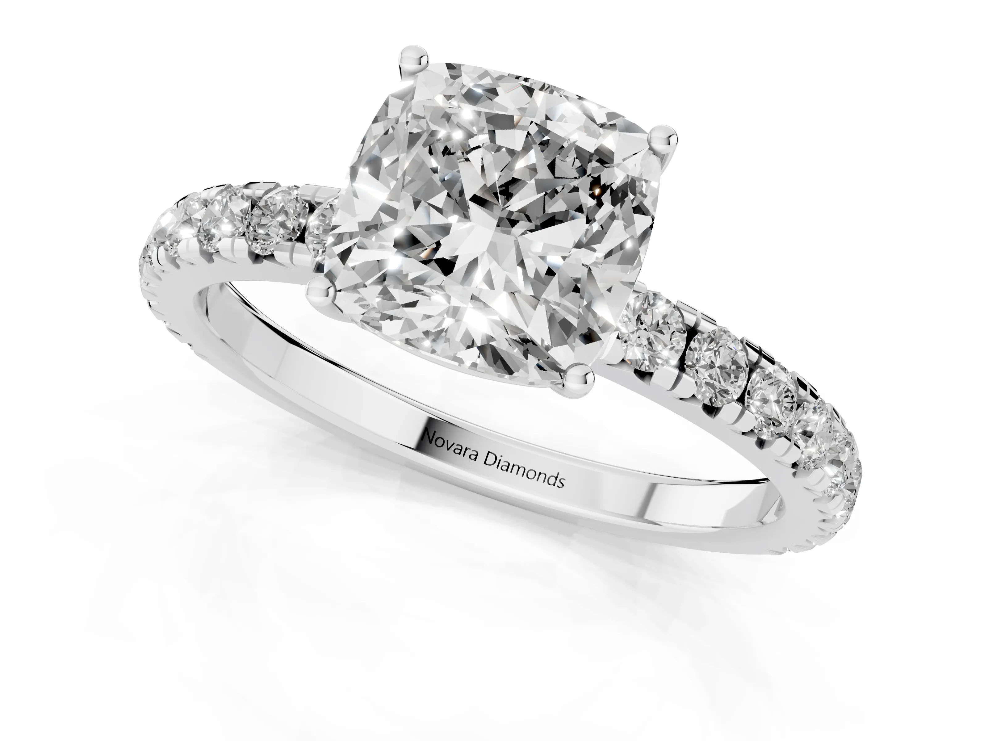 Cushion Cut Diamond Pavé Solitaire Engagement Ring Set in Platinum with Prong Setting