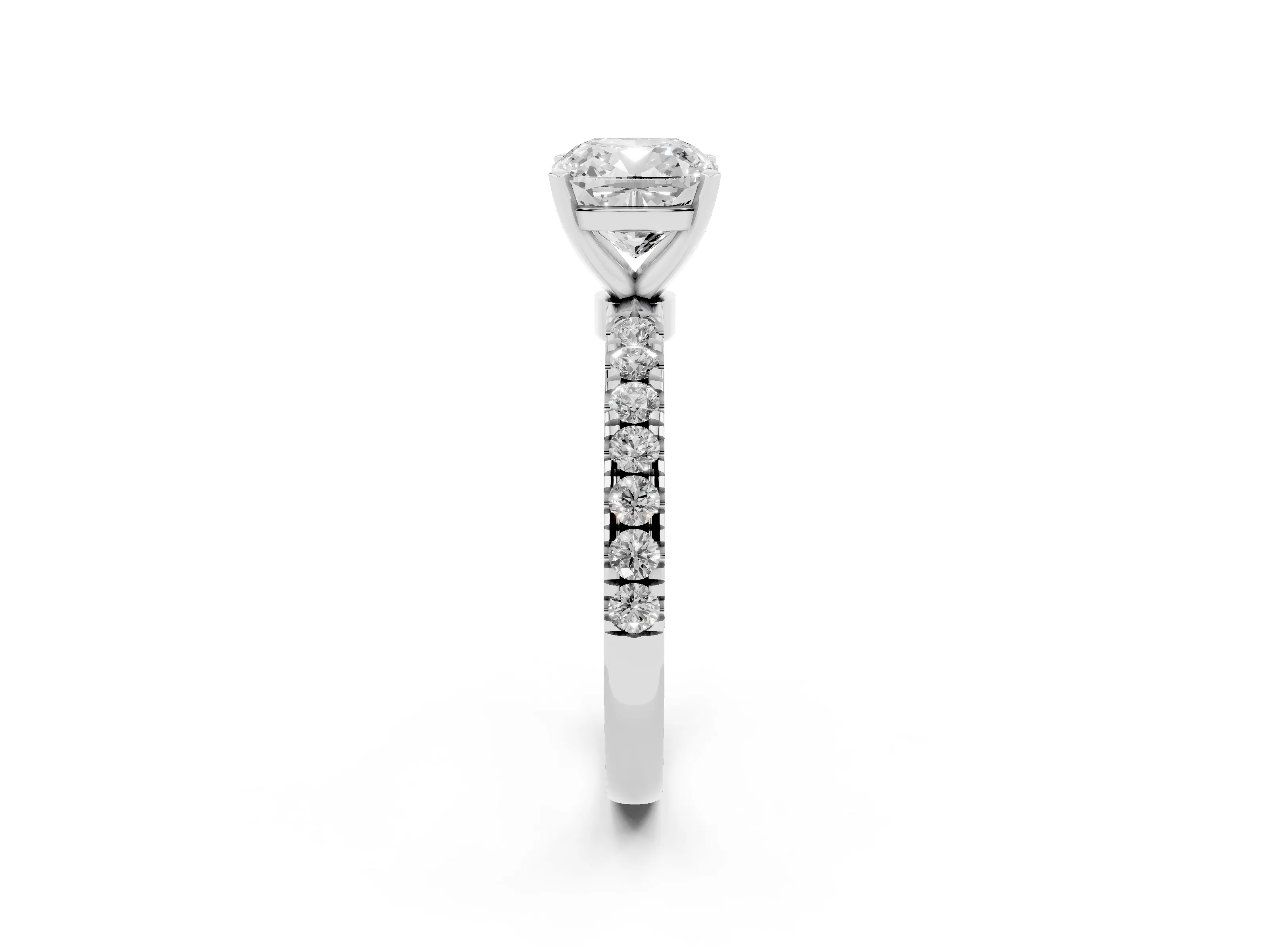 Cushion Cut Diamond Solitaire Ring Set in White gold with Pavé Accents and Prong Setting