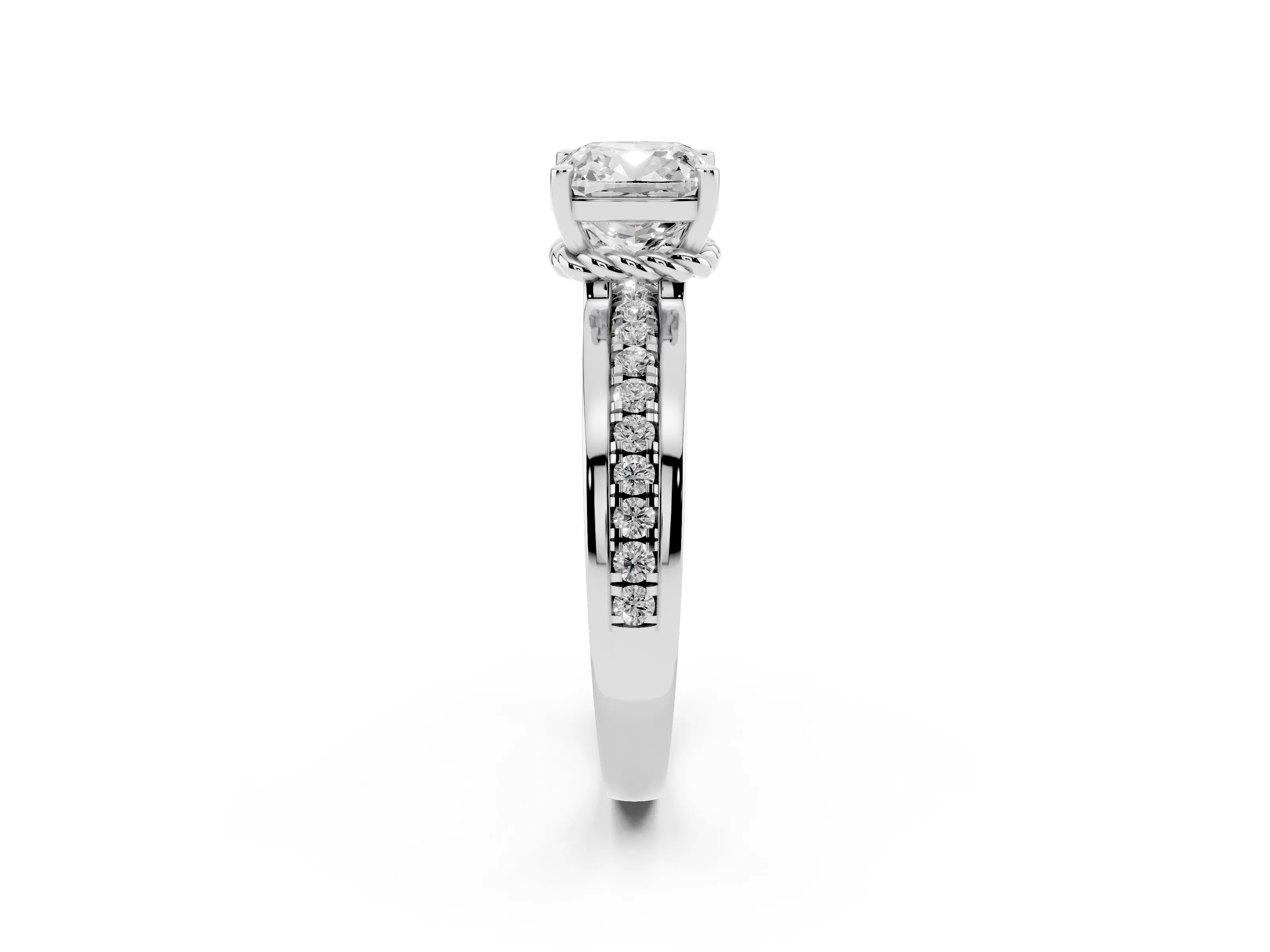 Cushion Cut Diamond Solitaire Ring Set in Platinum with Channel Set Band and Prong Setting