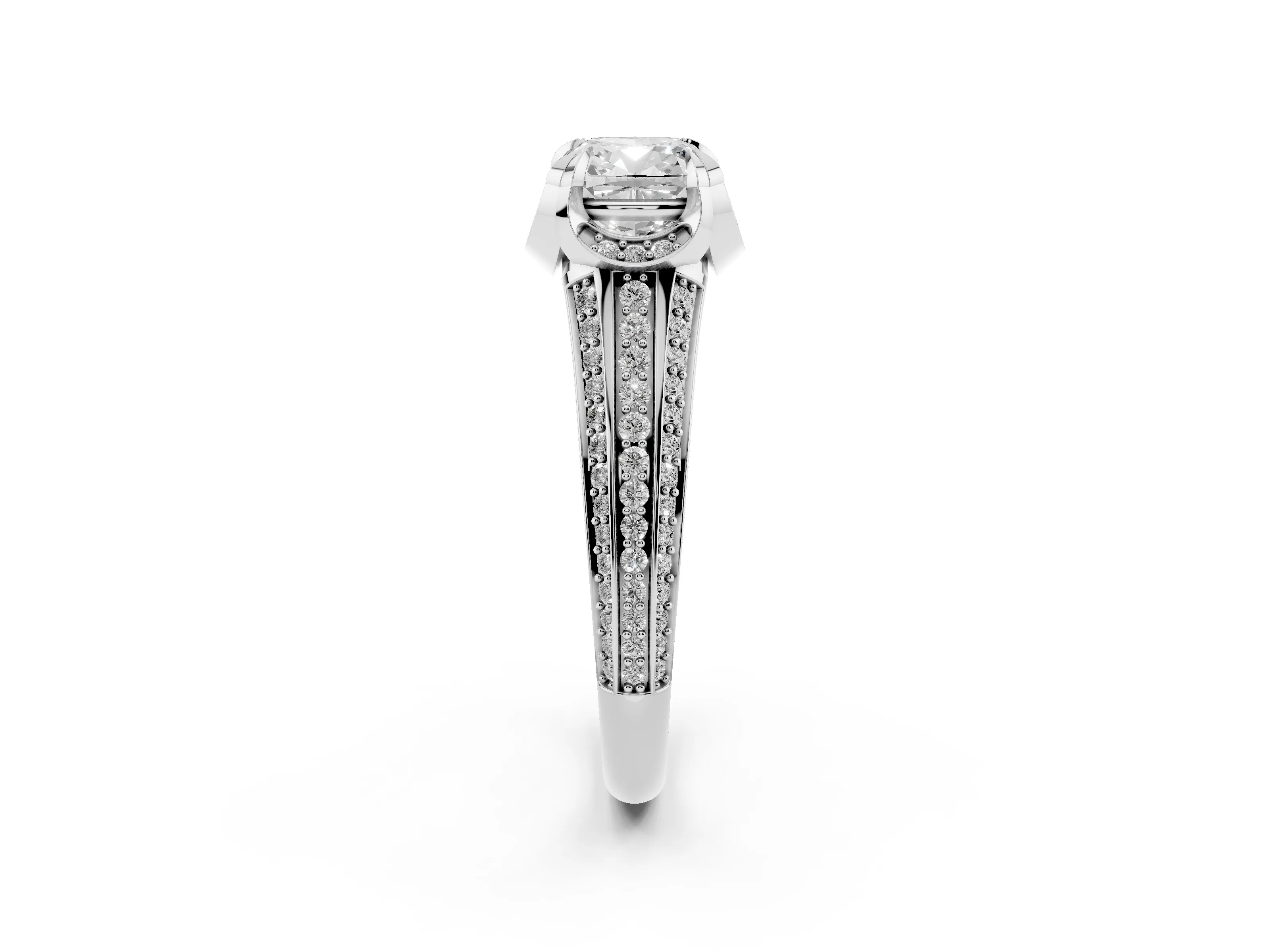 Cushion Cut Diamond Pavé Split Shank Solitaire Ring Set in Platinum with Prong Setting