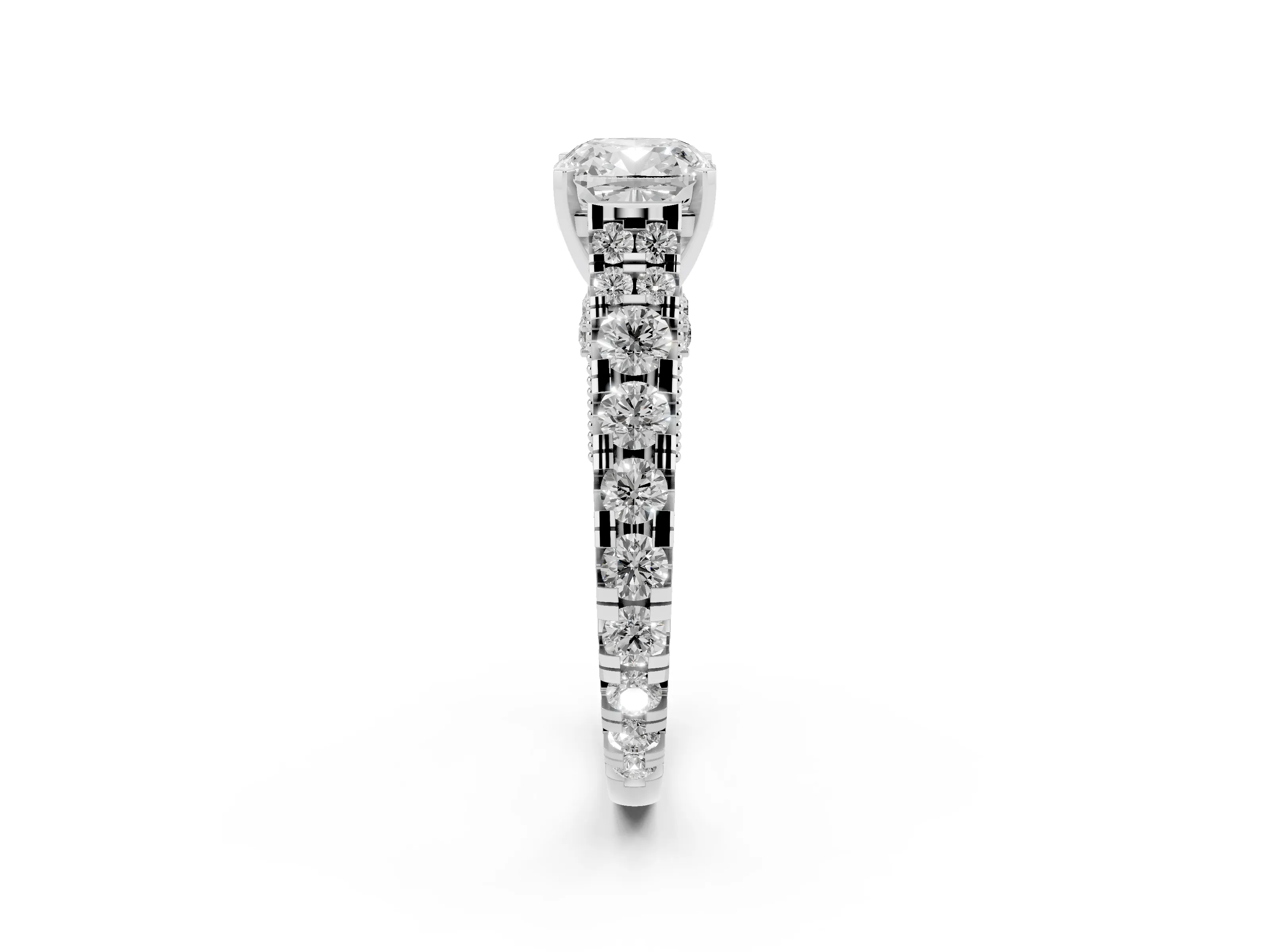 Cushion Cut Diamond Classic Solitaire Ring Set in Platinum with Pavé Band and Prong Setting