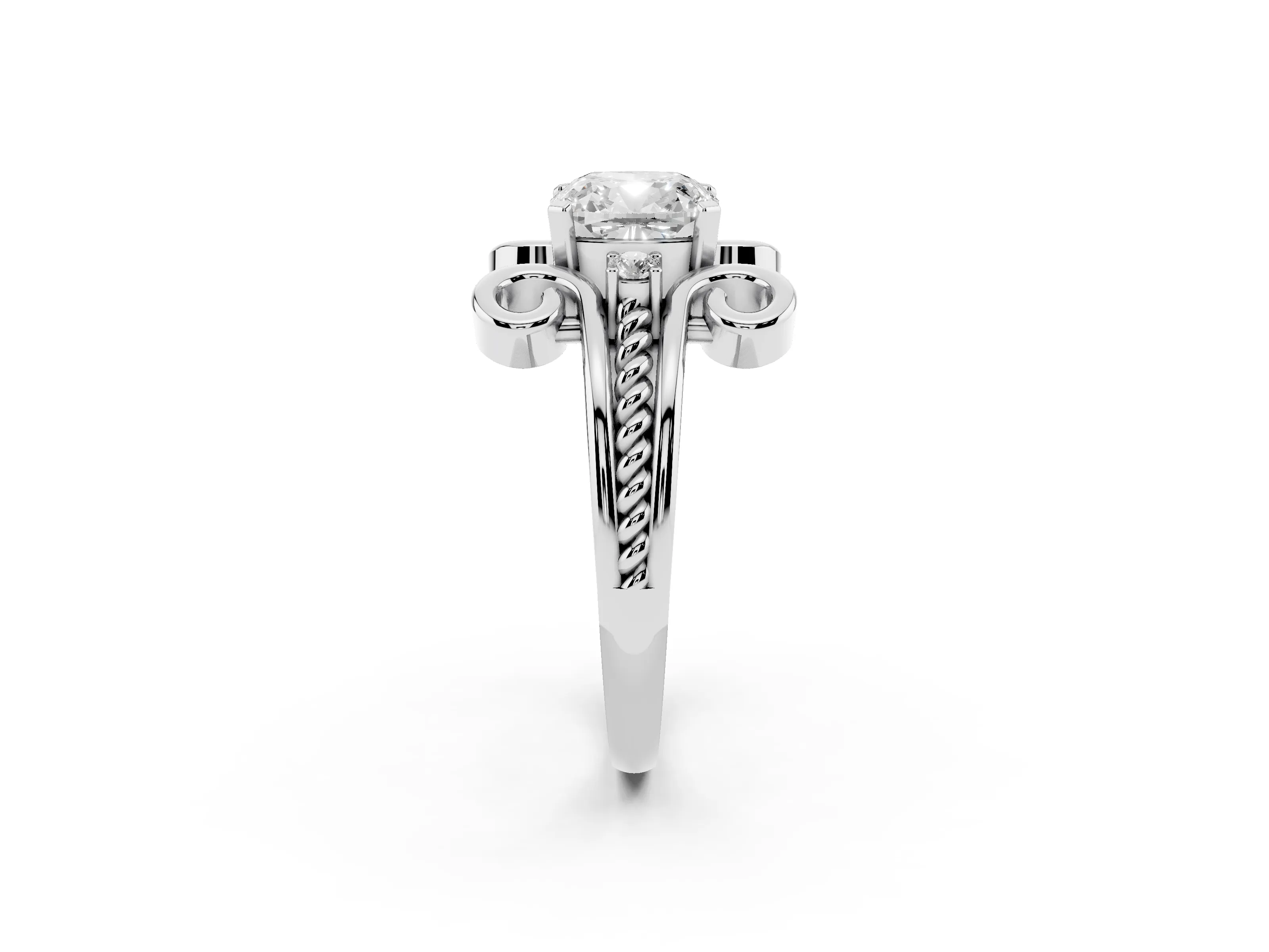 Cushion Cut Diamond Twisted Band Solitaire Ring Set in White gold with Scroll Prongs