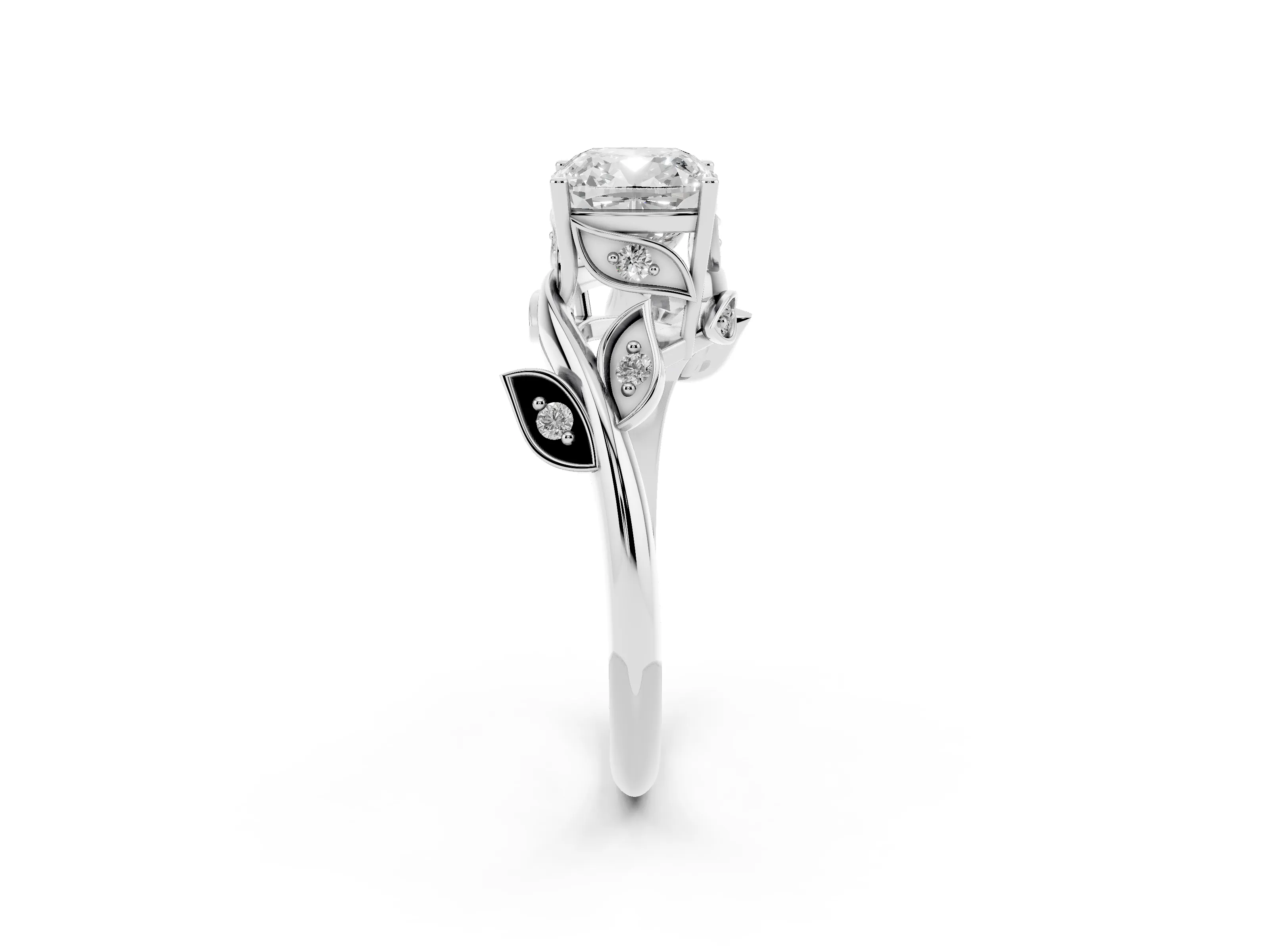Cushion Cut Diamond Solitaire Twist Engagement Ring Set in Platinum with Pavé Leaf Accents