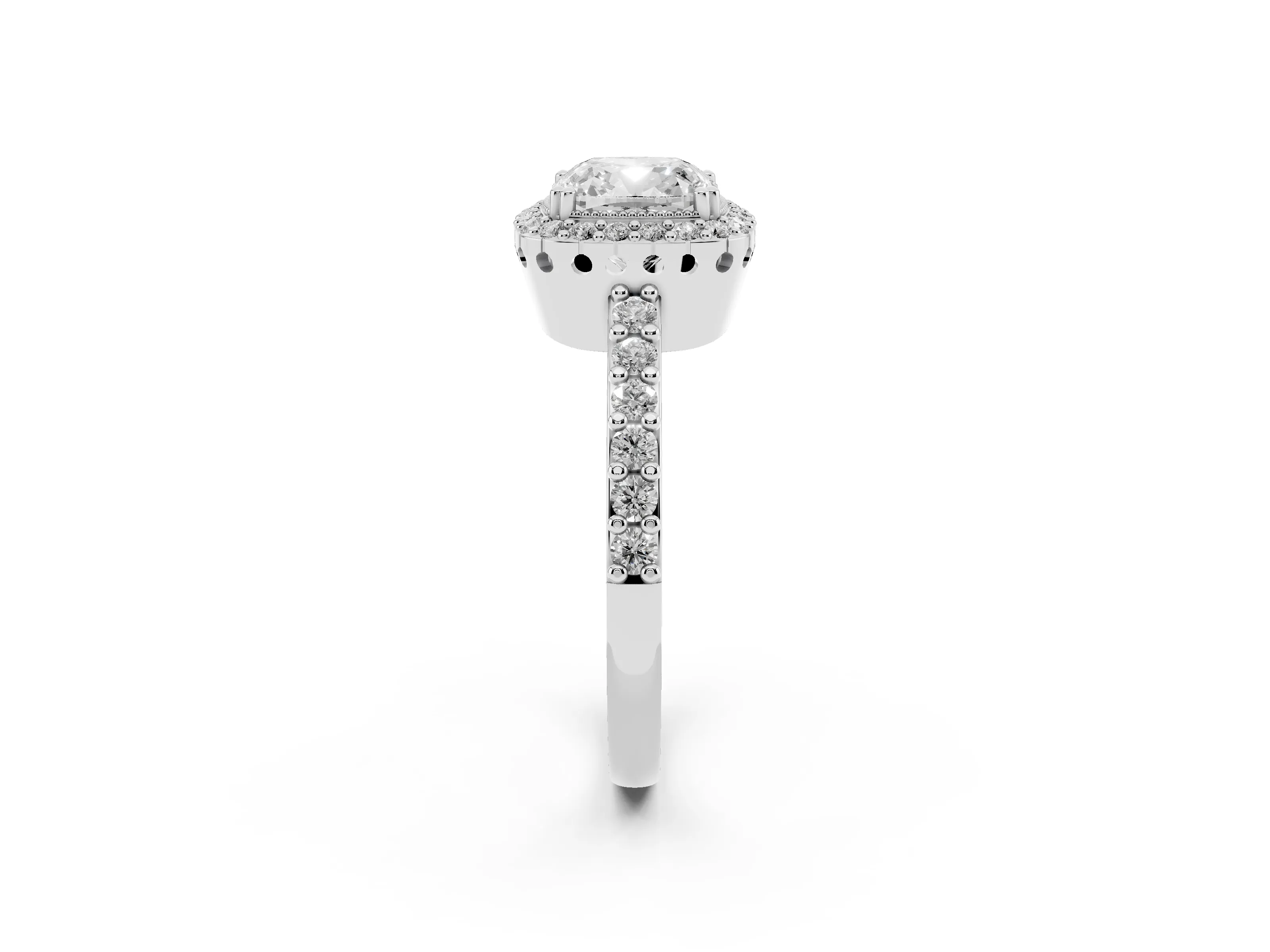 Cushion Cut Diamond Halo Engagement Ring Set in White gold with Milgrain Detail and Pavé Band