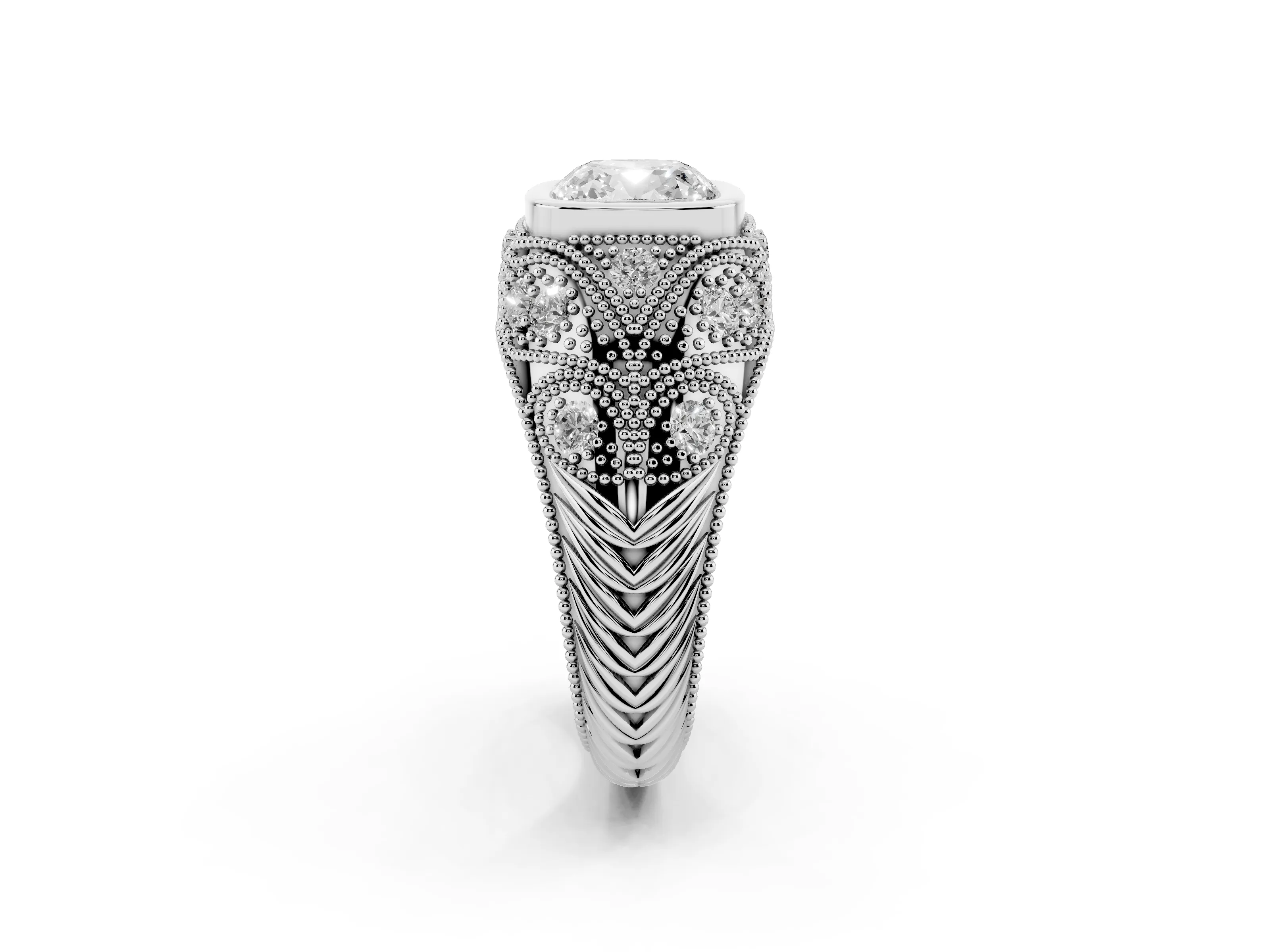 Cushion Cut Diamond Bezel Ring Set in Silver with Milgrain Accent Band