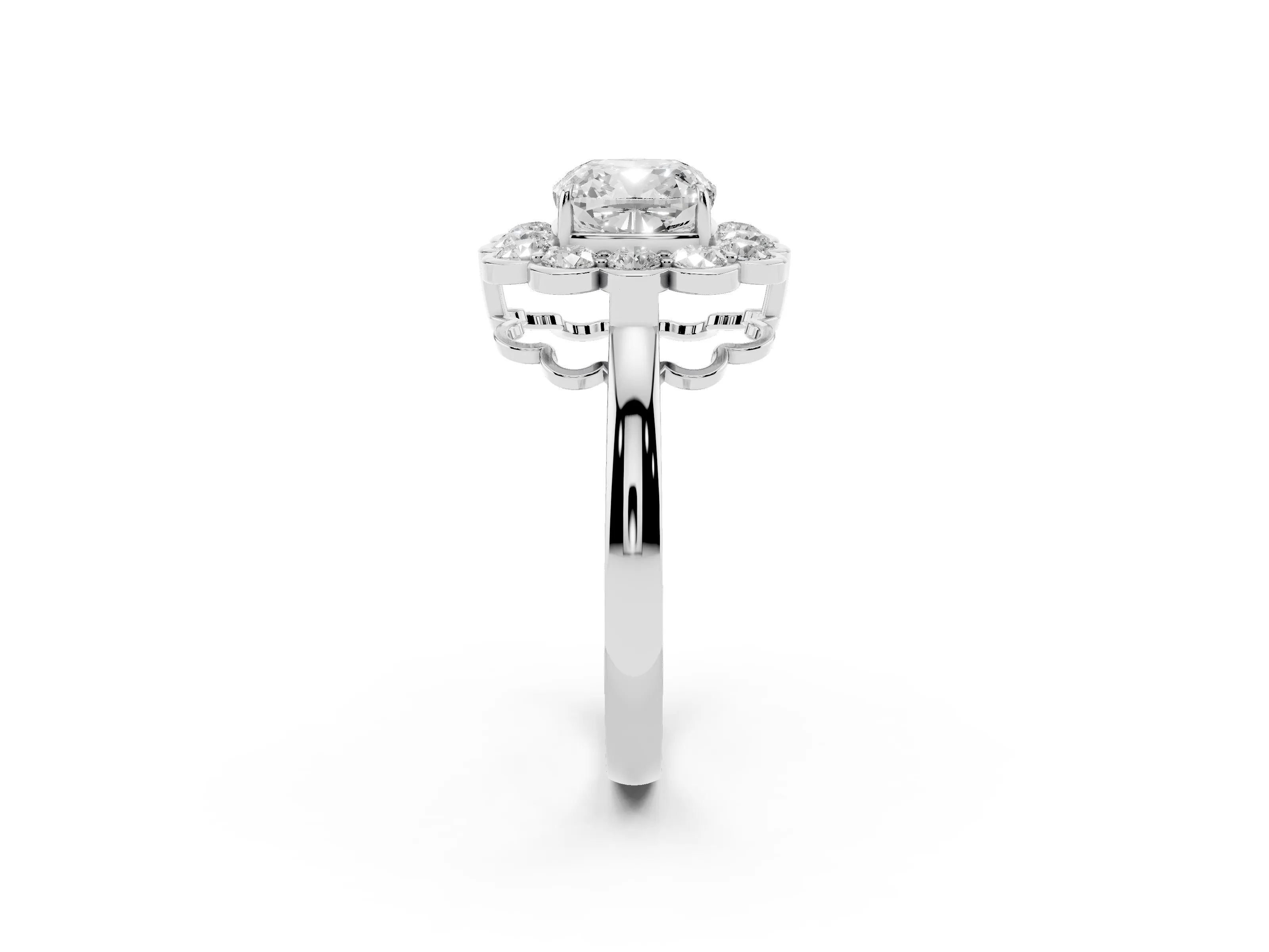 Cushion Cut Diamond Halo Cluster Engagement Ring Set in Platinum with Solitaire Band and Prong Setting