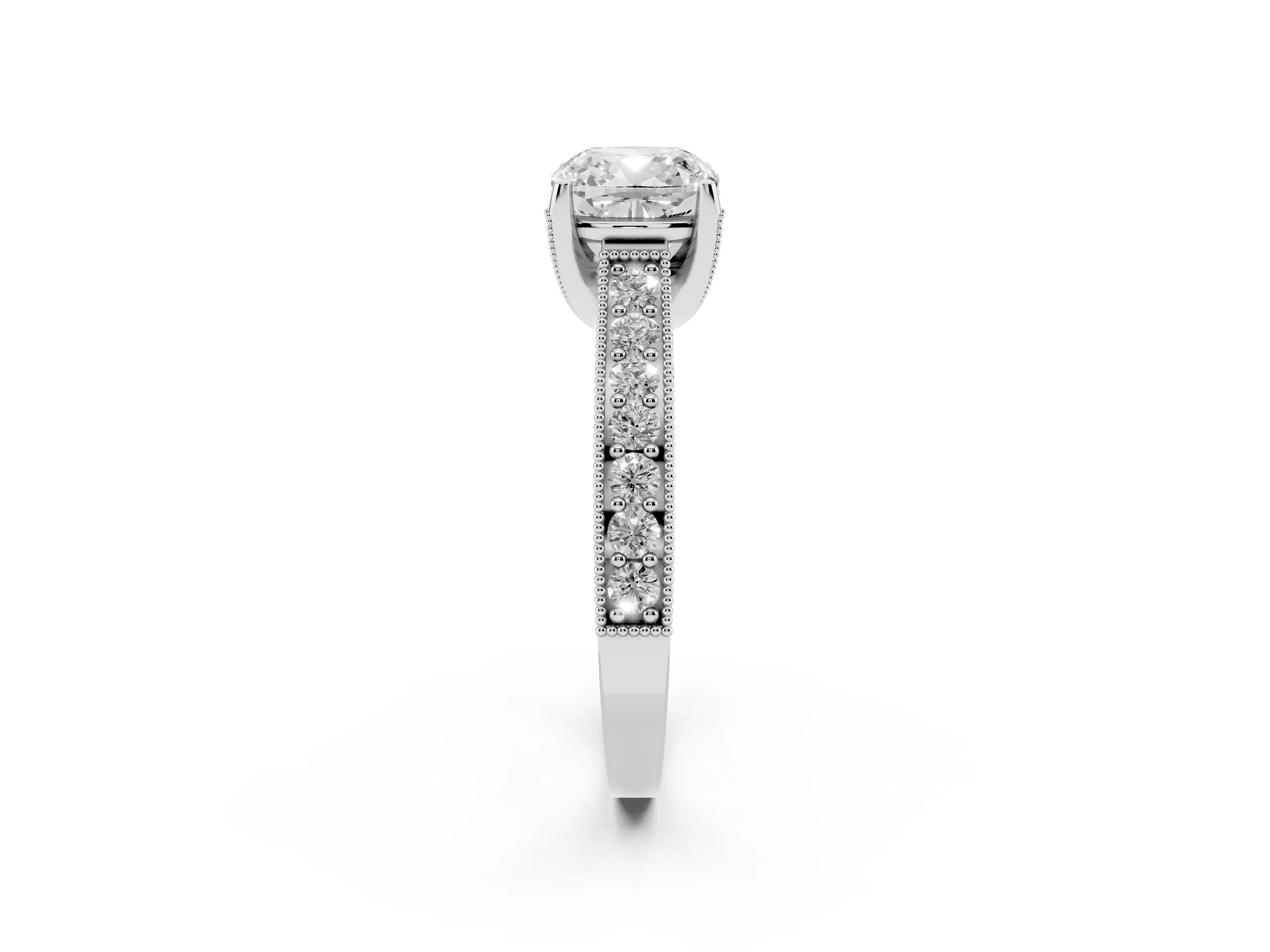 Cushion Cut Diamond Solitaire Ring Set in Silver with Milgrain-Edged Pavé Band and Prong Setting