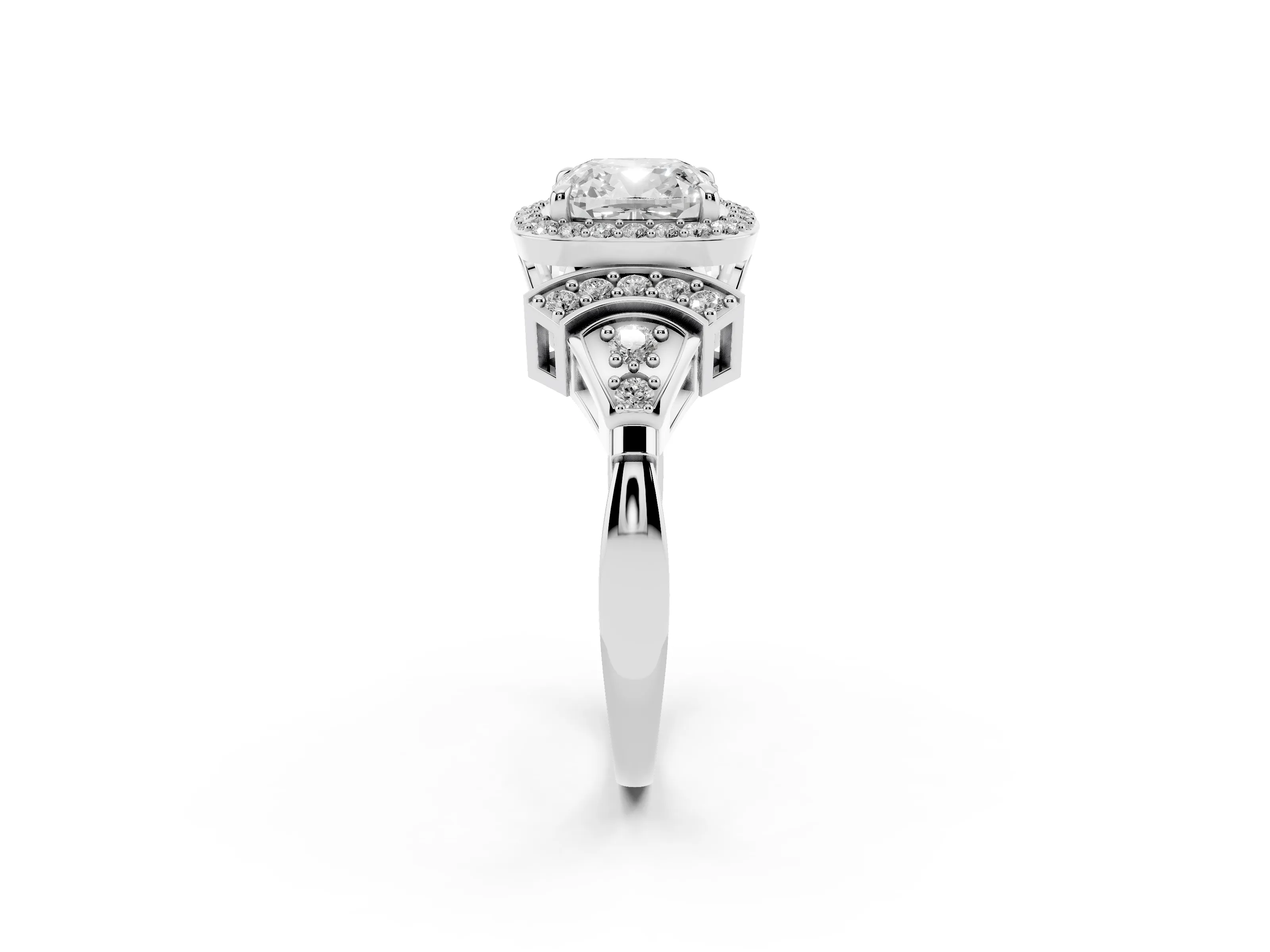 Cushion Cut Diamond Halo Engagement Ring Set in White gold with Accent Stone Split Shank