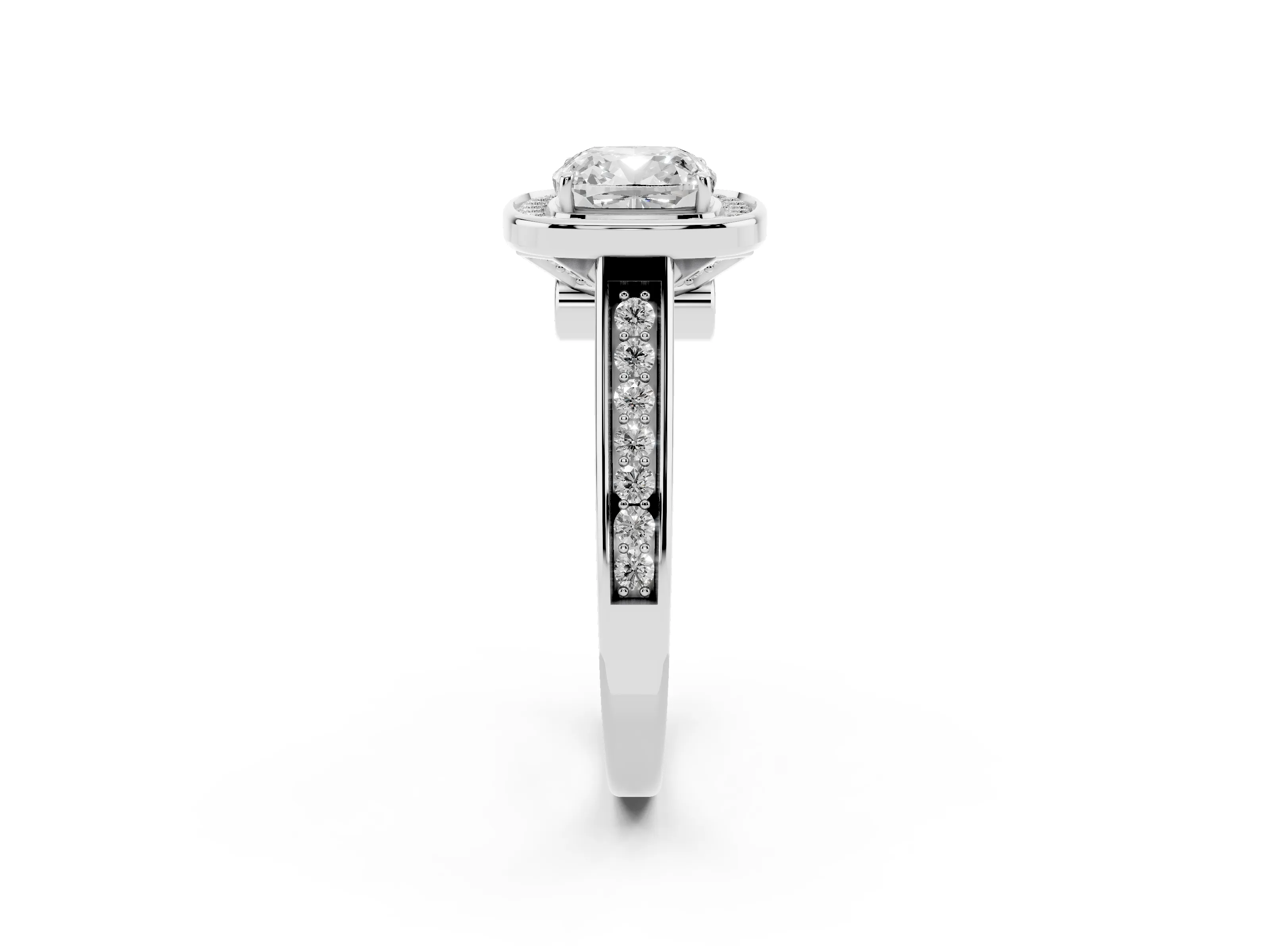 Cushion Cut Diamond Halo Solitaire Ring Set in White gold with Pavé Band and Bezel Setting