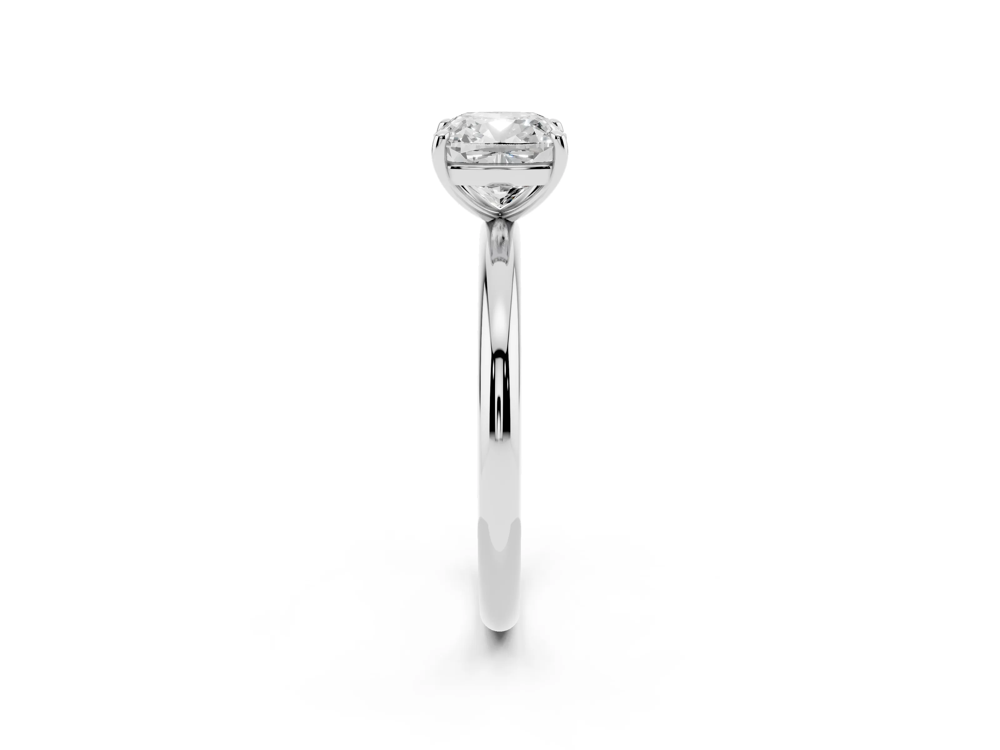 Cushion Cut Diamond Solitaire Ring Set in White gold with Prong Setting on a Polished Plain Band