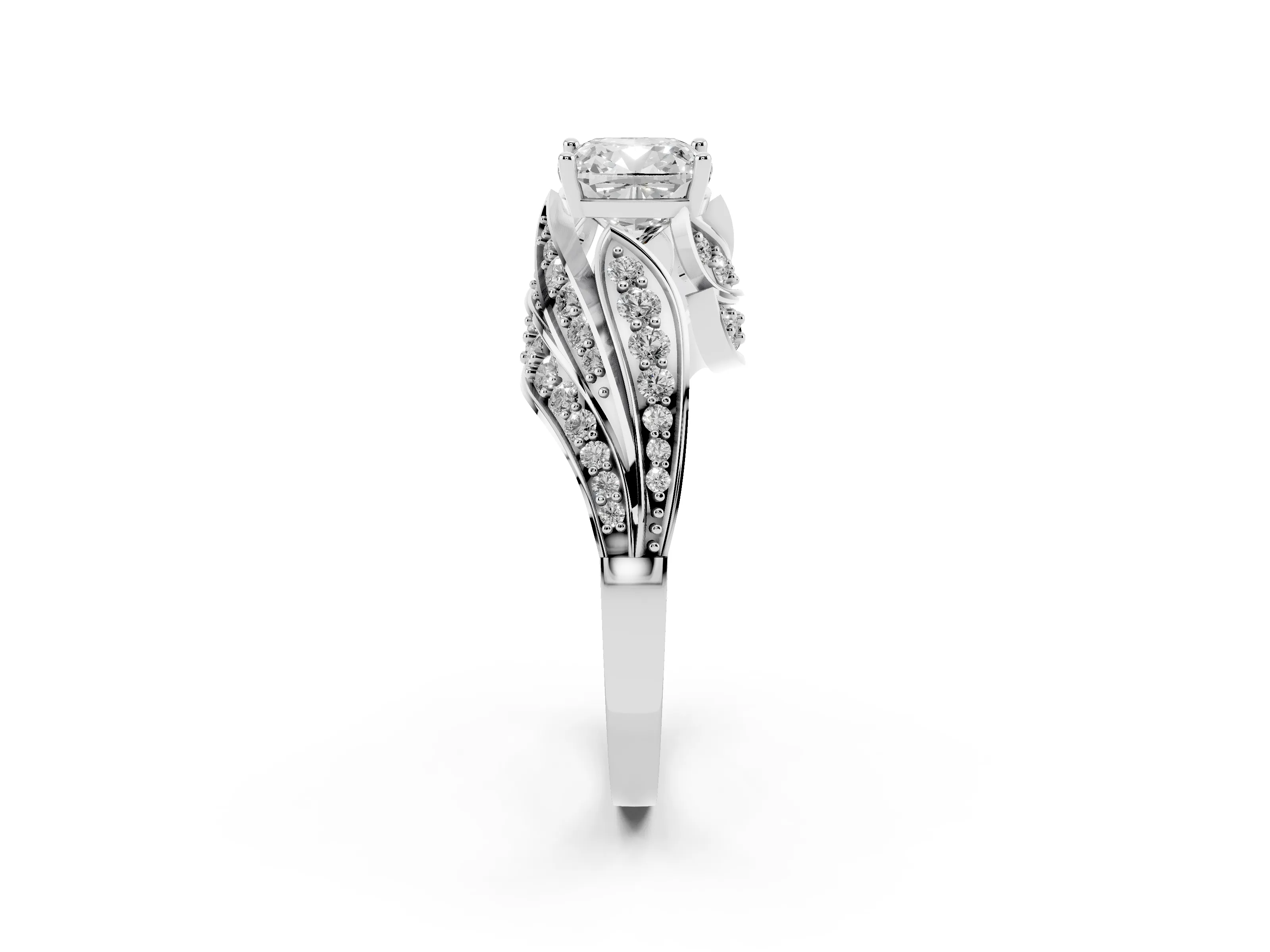 Cushion Cut Diamond Solitaire Ring Set in Platinum with Layered Twist Pavé Band
