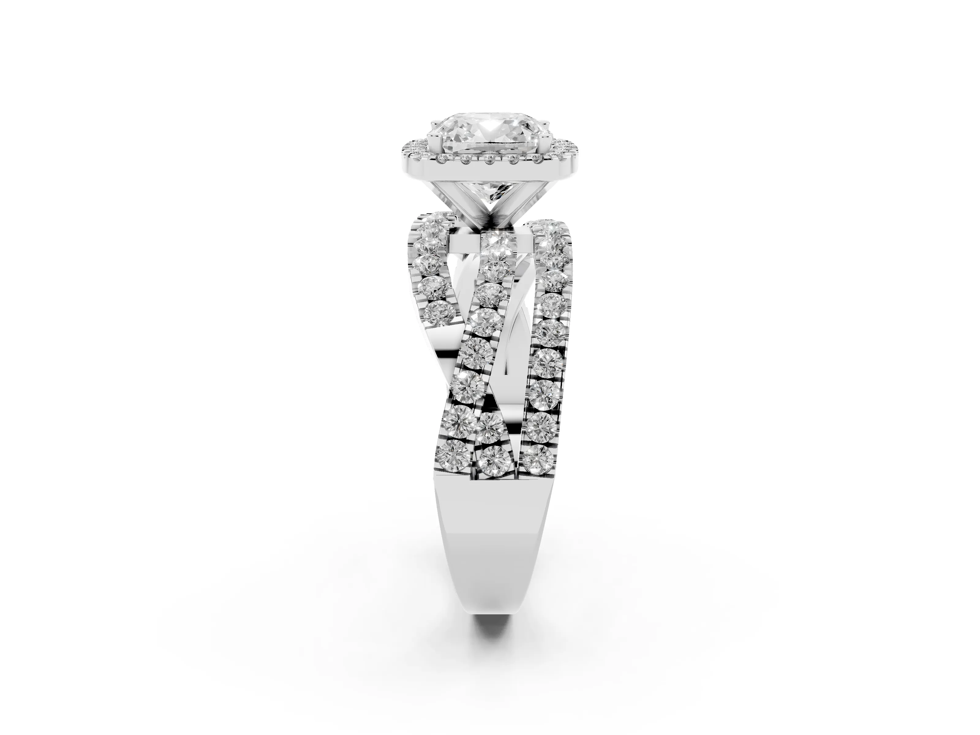 Cushion Cut Diamond Halo Ring Set in Platinum with Round Crossover Split Shank and Prong Setting
