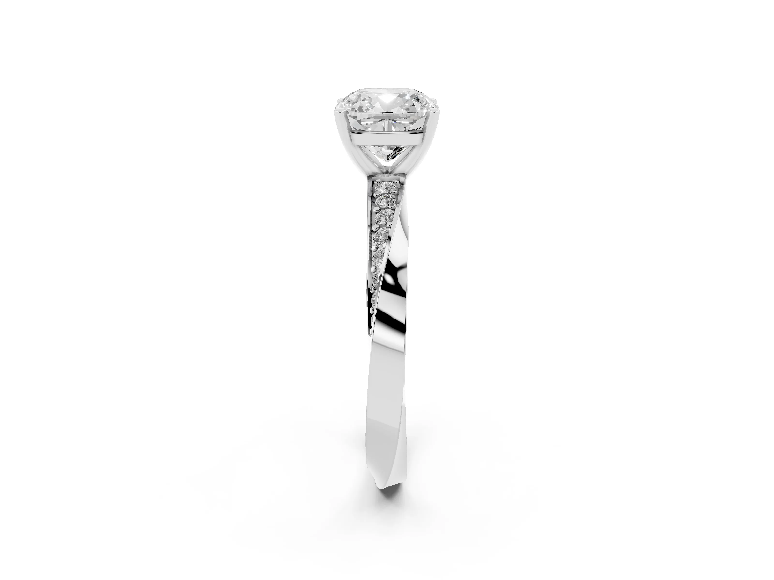 Cushion Cut Diamond Engagement Ring Set in White gold with Side Stone Accents and Prong Setting