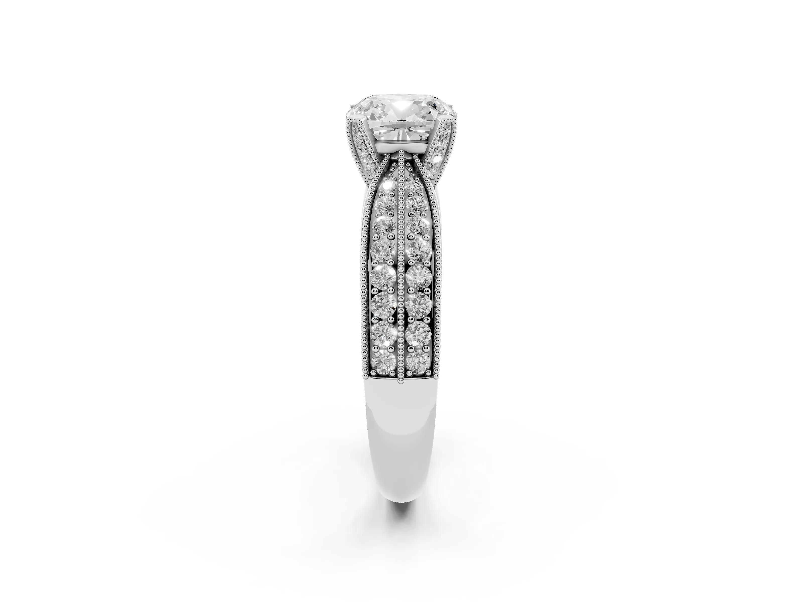 Cushion Cut Diamond Solitaire Ring Set in Silver with Milgrain Double Row Round Pavé Band