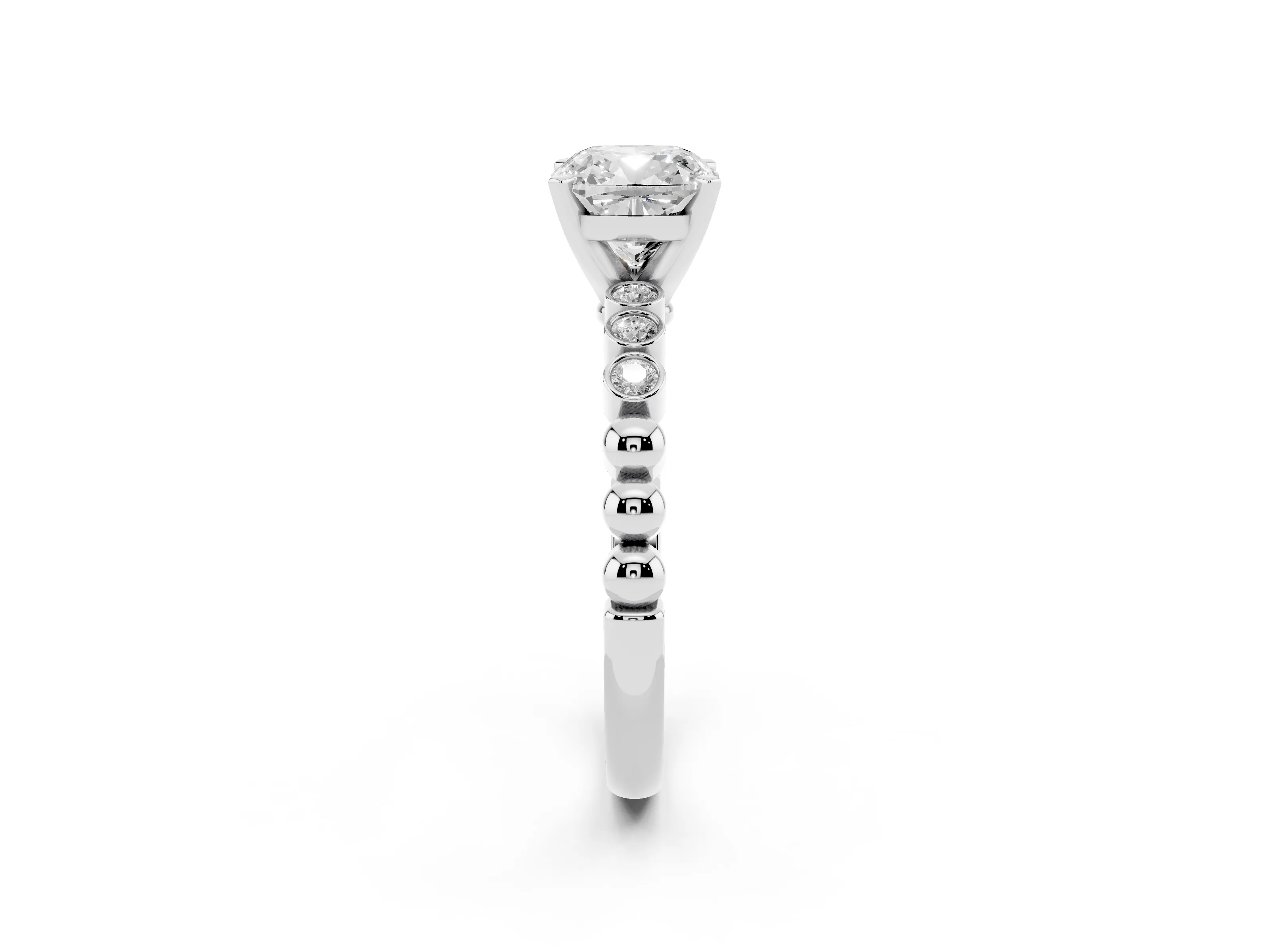 Cushion Cut Diamond Solitaire Engagement Ring Set in Silver with Bezel Accents on Beaded Band