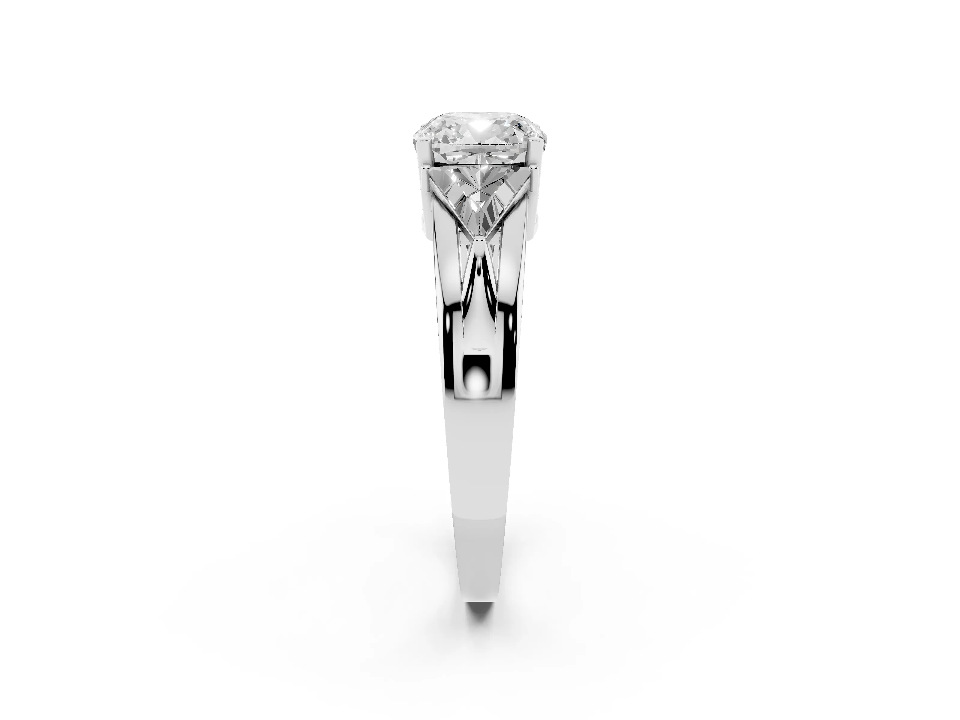 Cushion Cut Diamond Three-Stone Ring Set in Silver with Trillion Side Stones and Split Shank