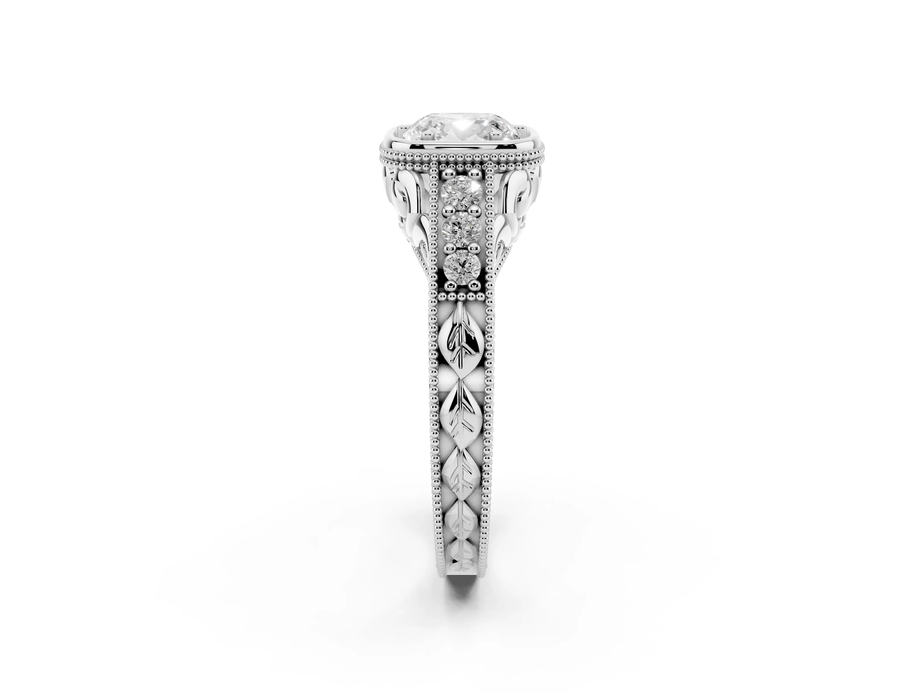 Bezel Set Cushion Cut Diamond Milgrain Pavé Engagement Ring Set in Silver
