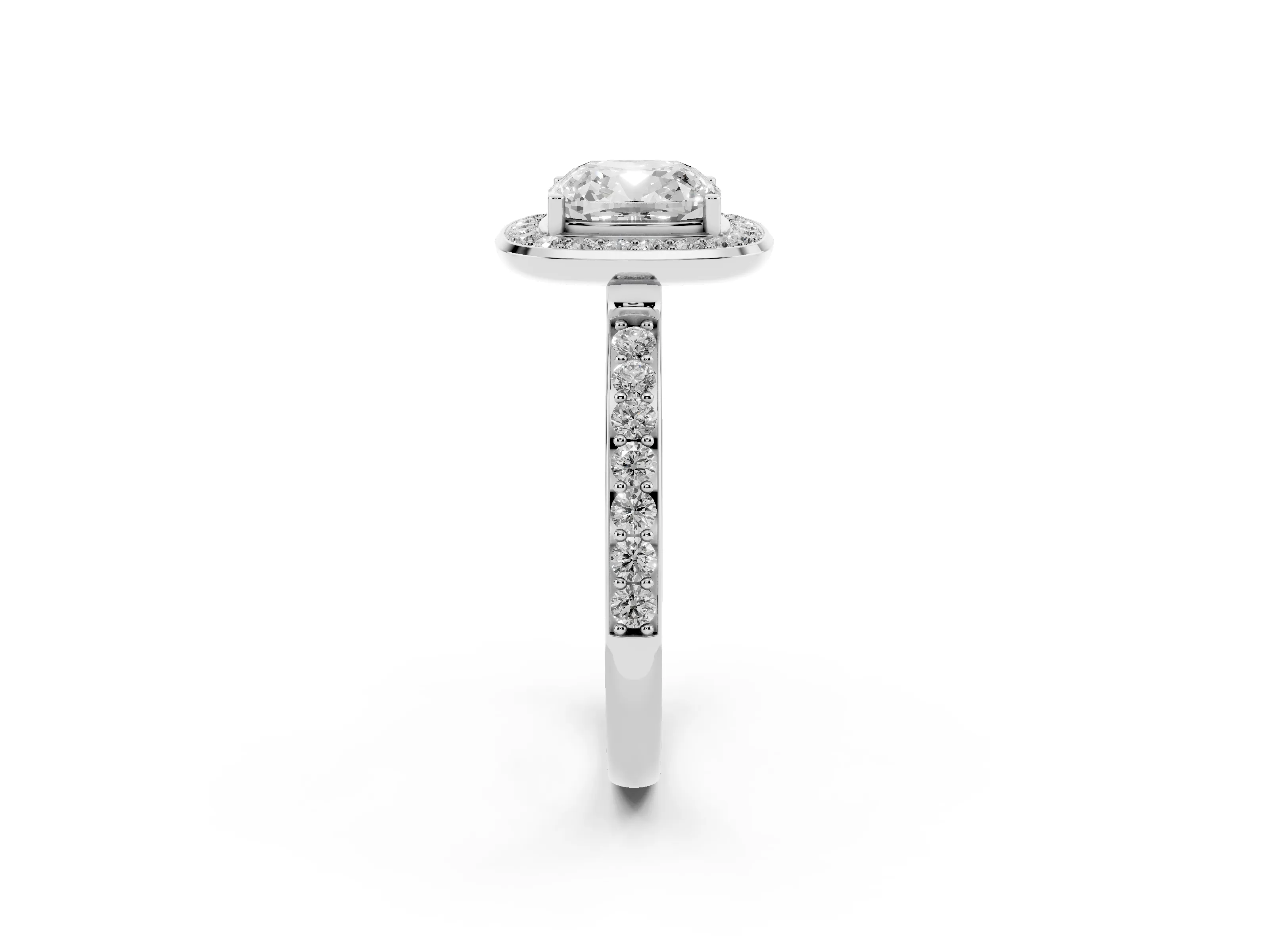 Cushion Cut Diamond Halo Ring Set in Platinum with Bezel Frame and Pavé Band