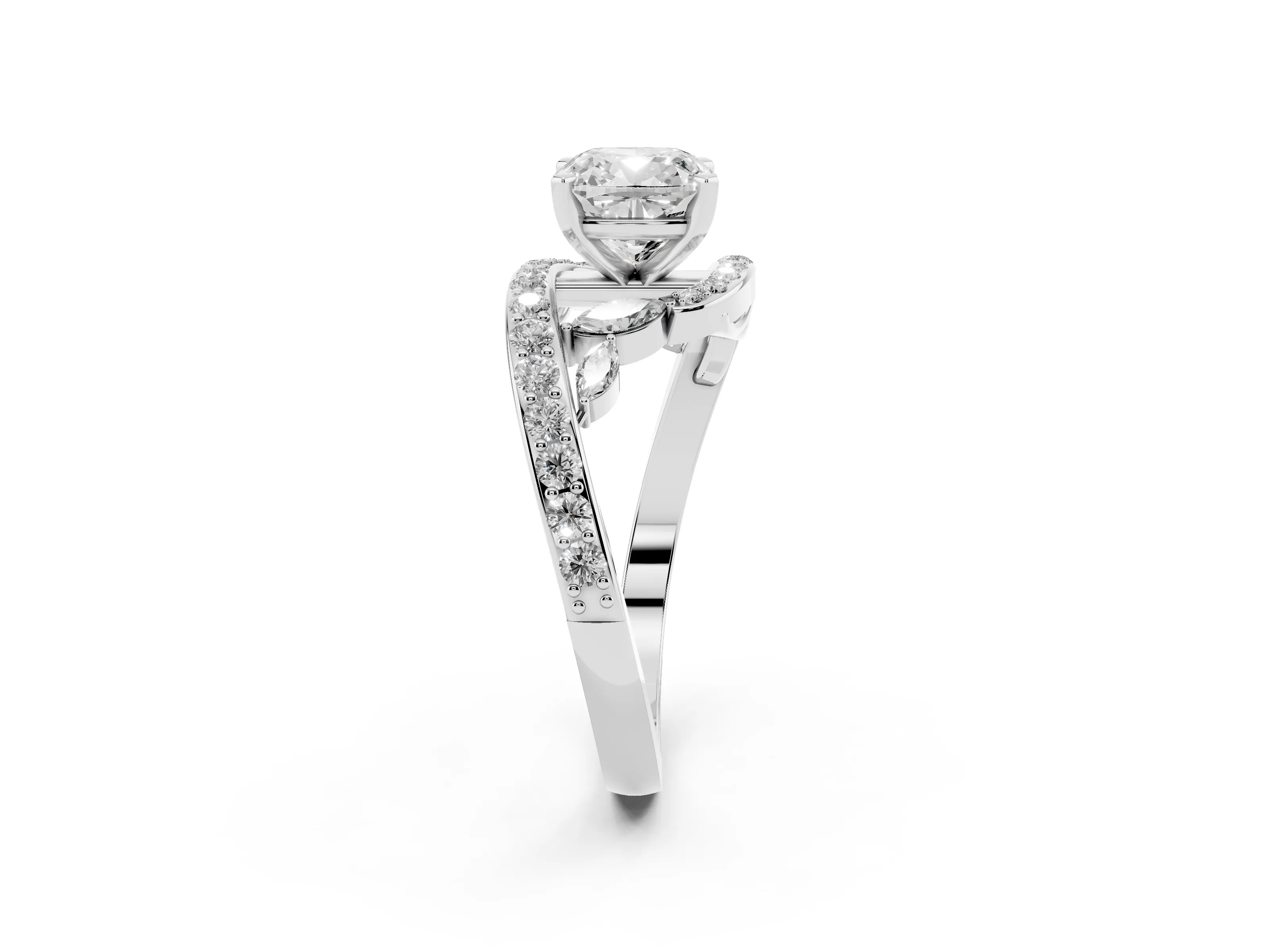 Cushion Cut Diamond Solitaire Ring Set in Platinum with Pavé Twist Band and Secure Prong Setting