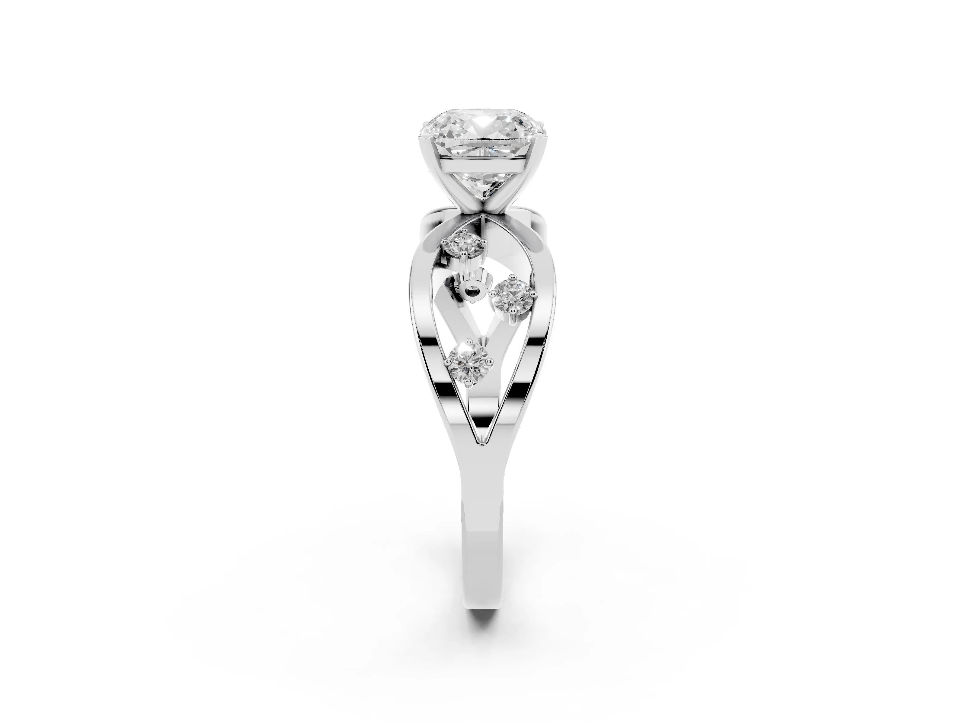 Cushion Cut Diamond Solitaire Ring Set in White gold with Side Stones on Criss-Cross Band and Prong Setting
