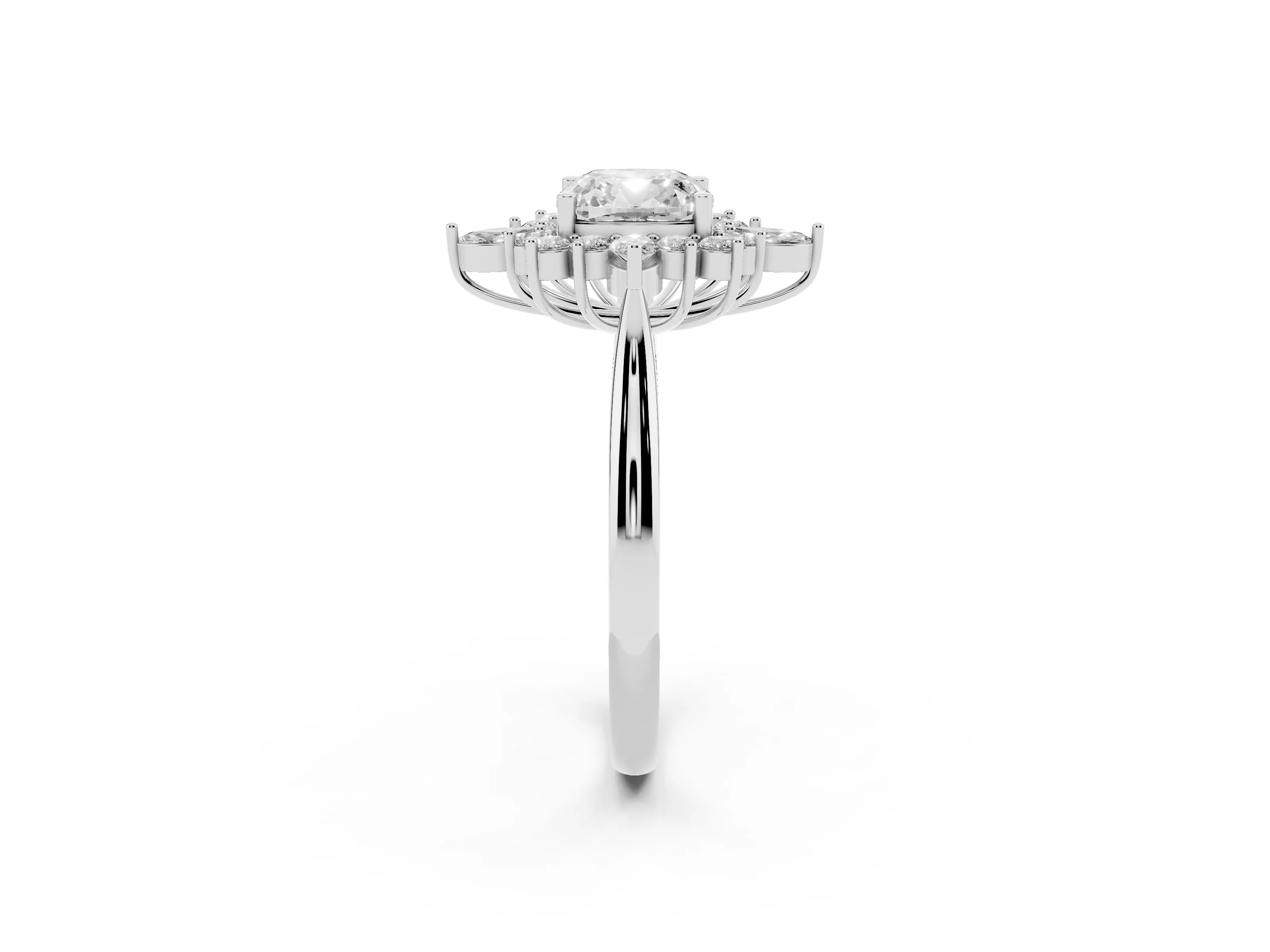 Cushion Cut Diamond Cluster Halo Ring Set in Silver with Marquise and Round Accents