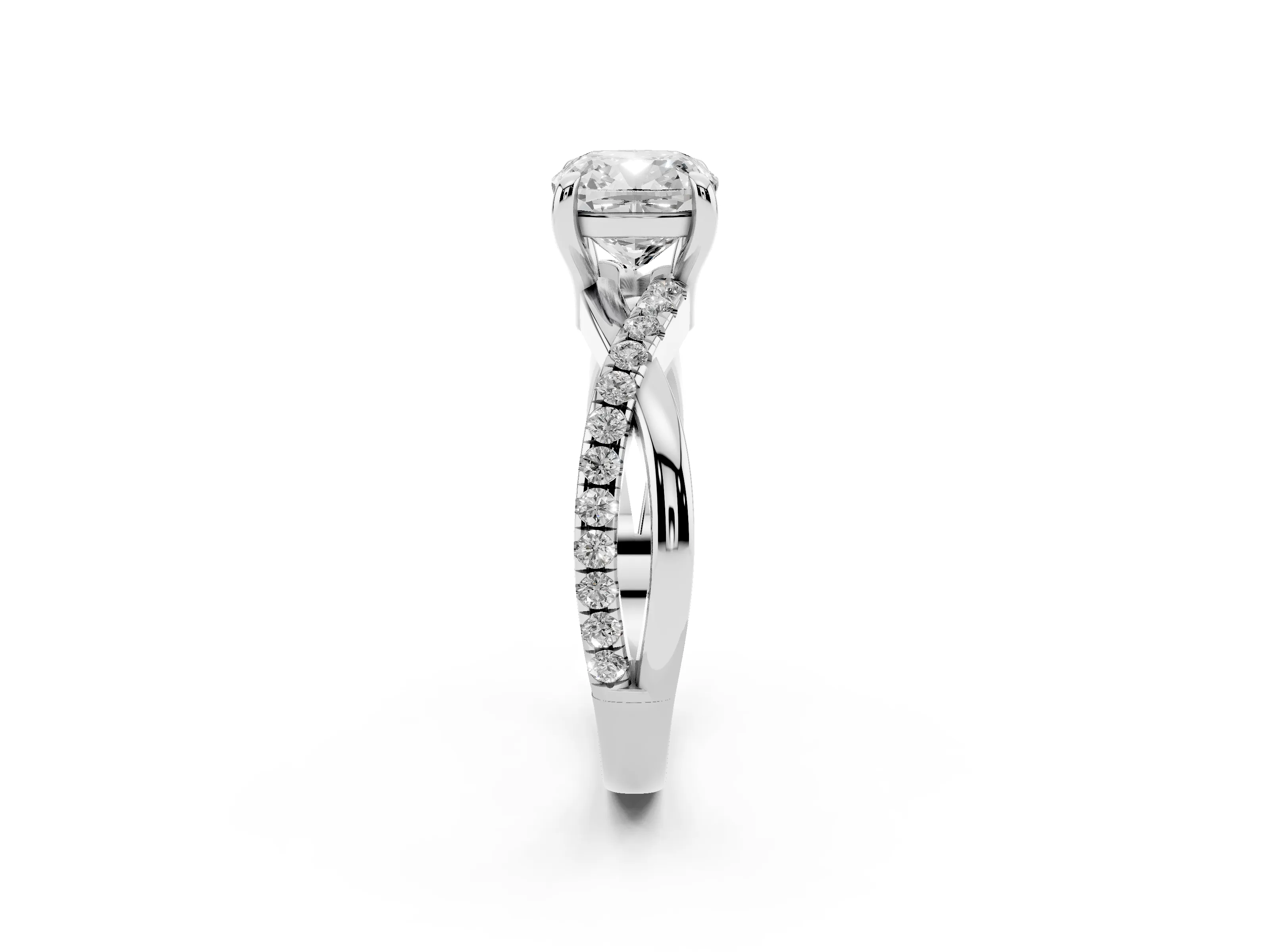 Cushion Cut Diamond Twist Band Pavé Solitaire Ring Set in Silver with Prong Setting