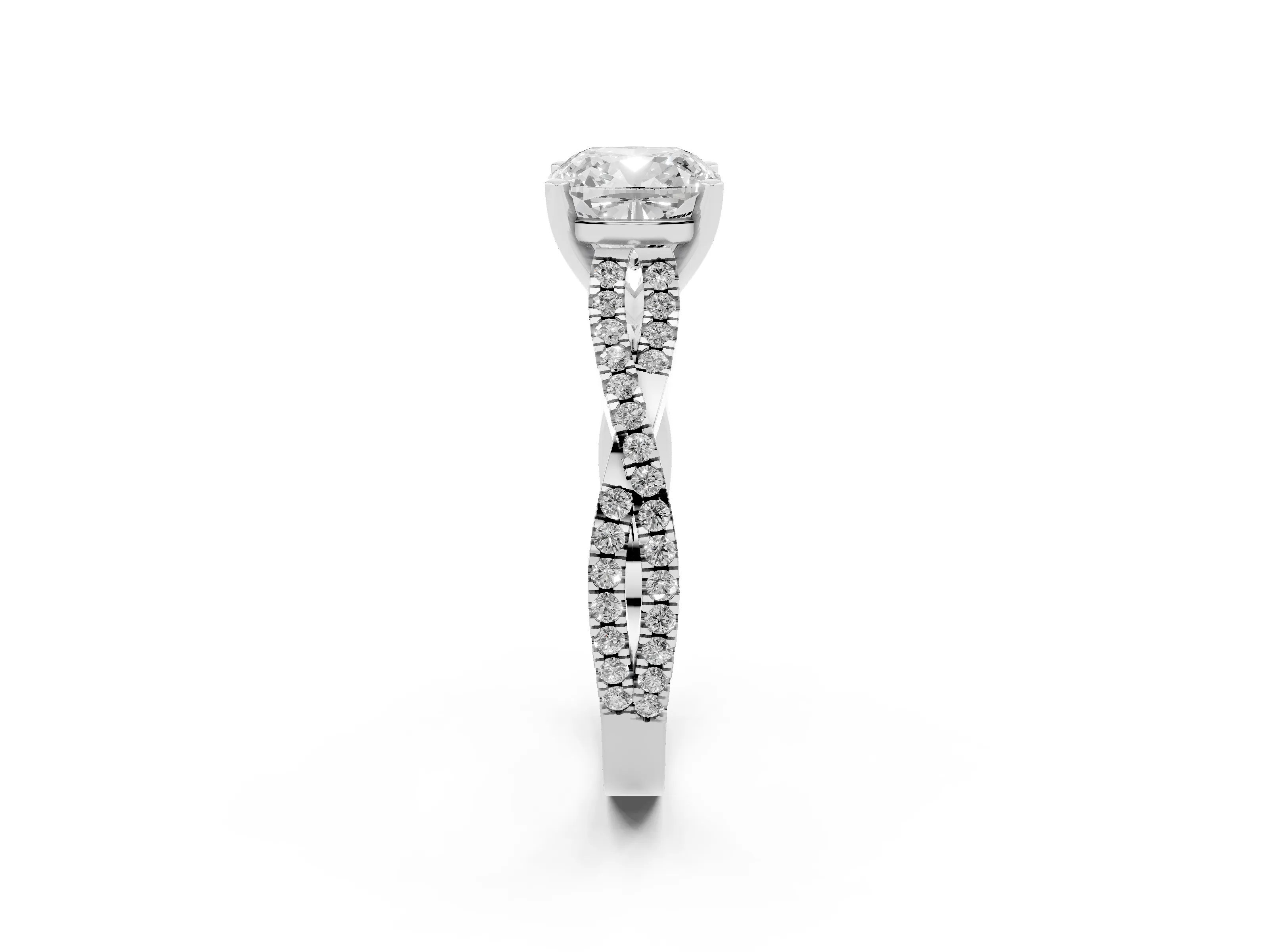 Cushion Cut Diamond Solitaire Engagement Ring Set in Platinum with Twisted Pavé Band and Prong Setting