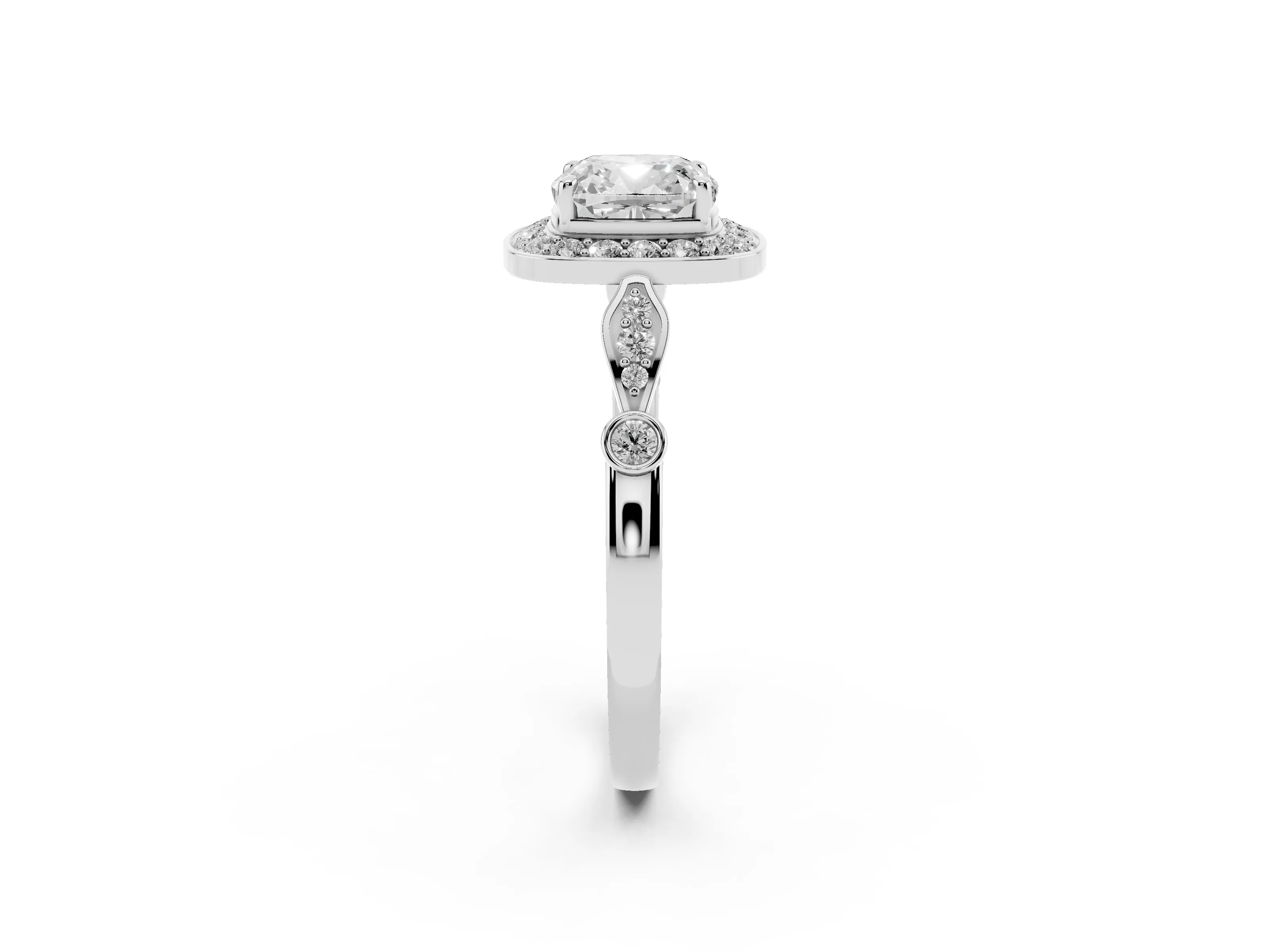 Cushion Cut Diamond Halo Engagement Ring Set in White gold with Twisted Band and Prong Setting