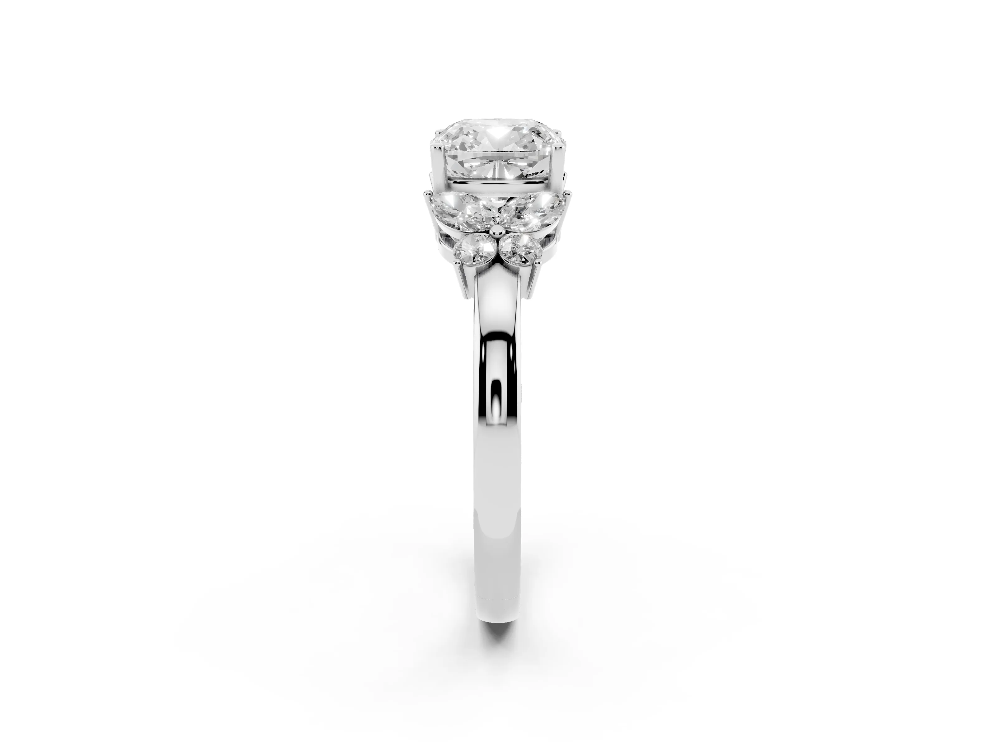 Cushion Cut Diamond Solitaire Floral Ring Set in Silver with Marquise Petals and Prong Setting