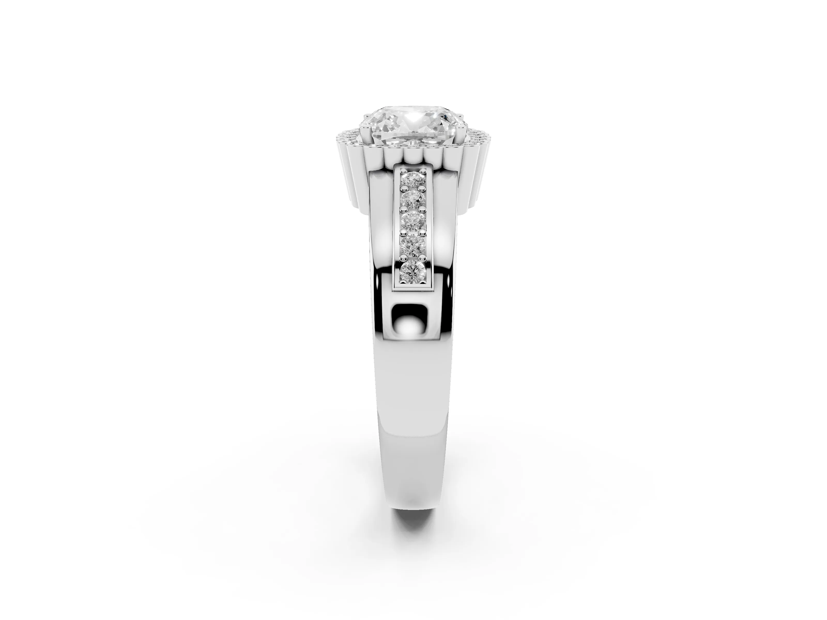 Cushion Cut Diamond Halo Prong Ring Set in Platinum with Pavé Band