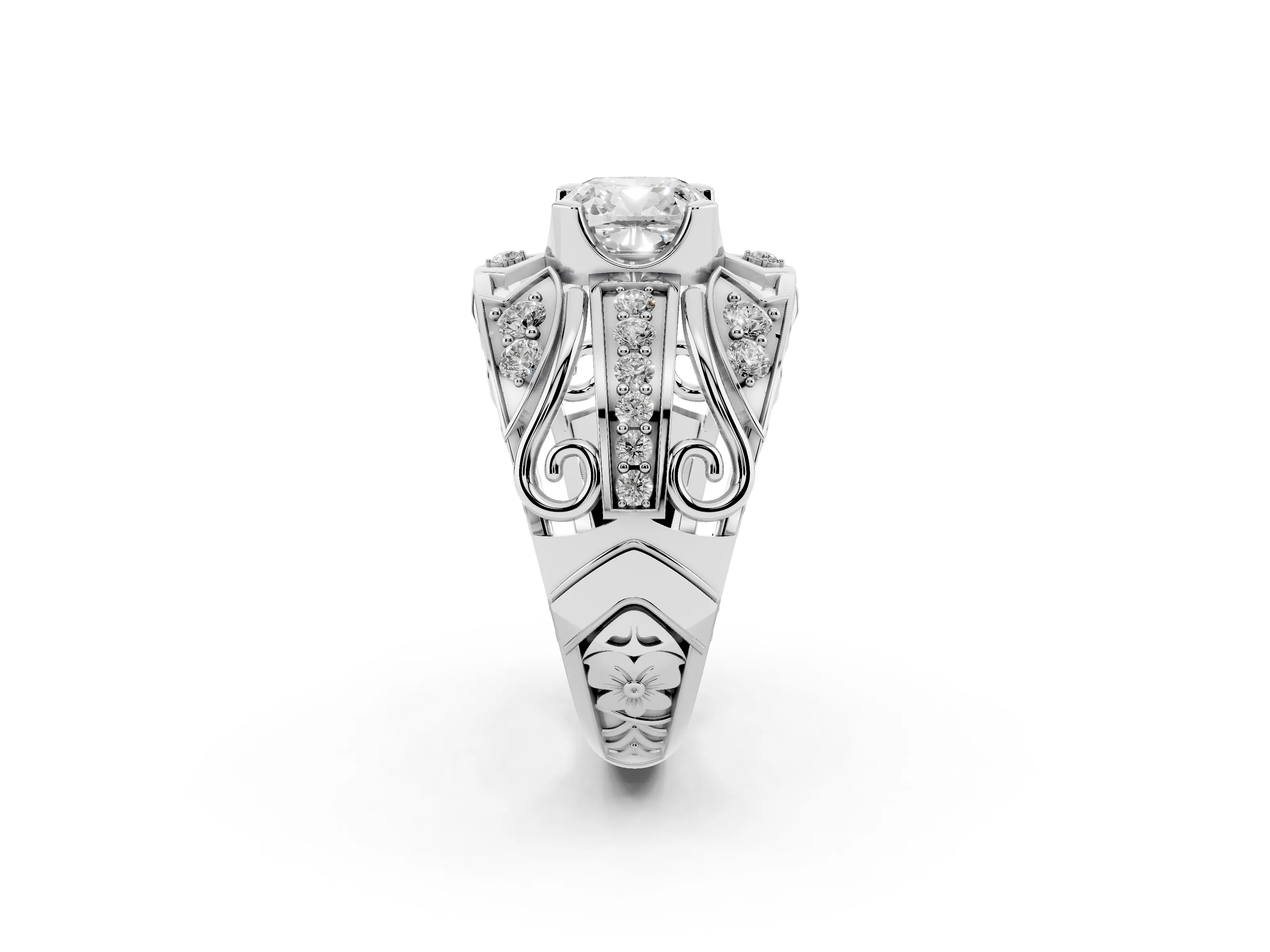 Cushion Cut Diamond Art Deco Ring Set in White gold with Pavé Split Shank