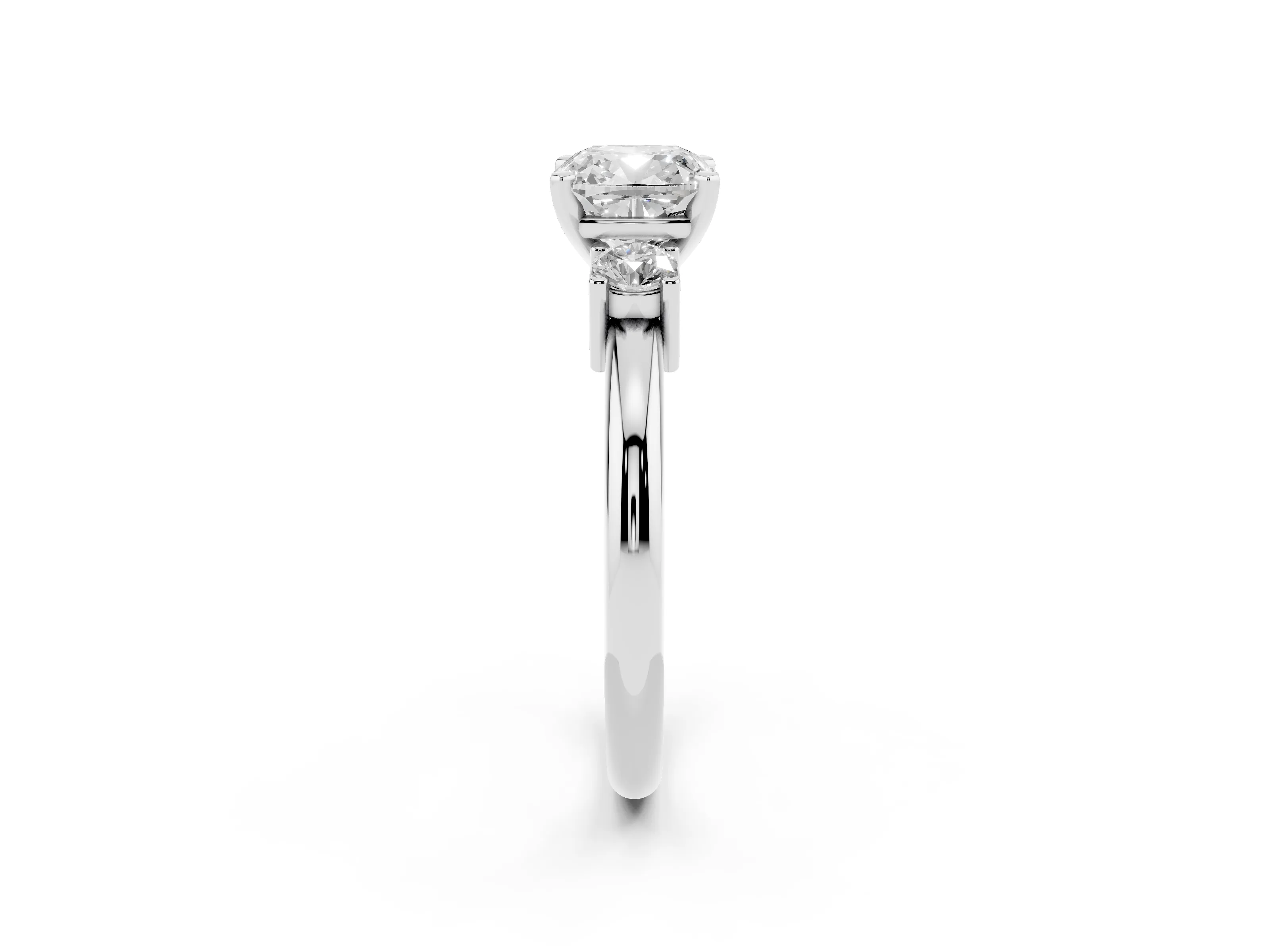 Three-Stone Cushion Cut Diamond Ring Set in Platinum with Prong Setting and Plain Band