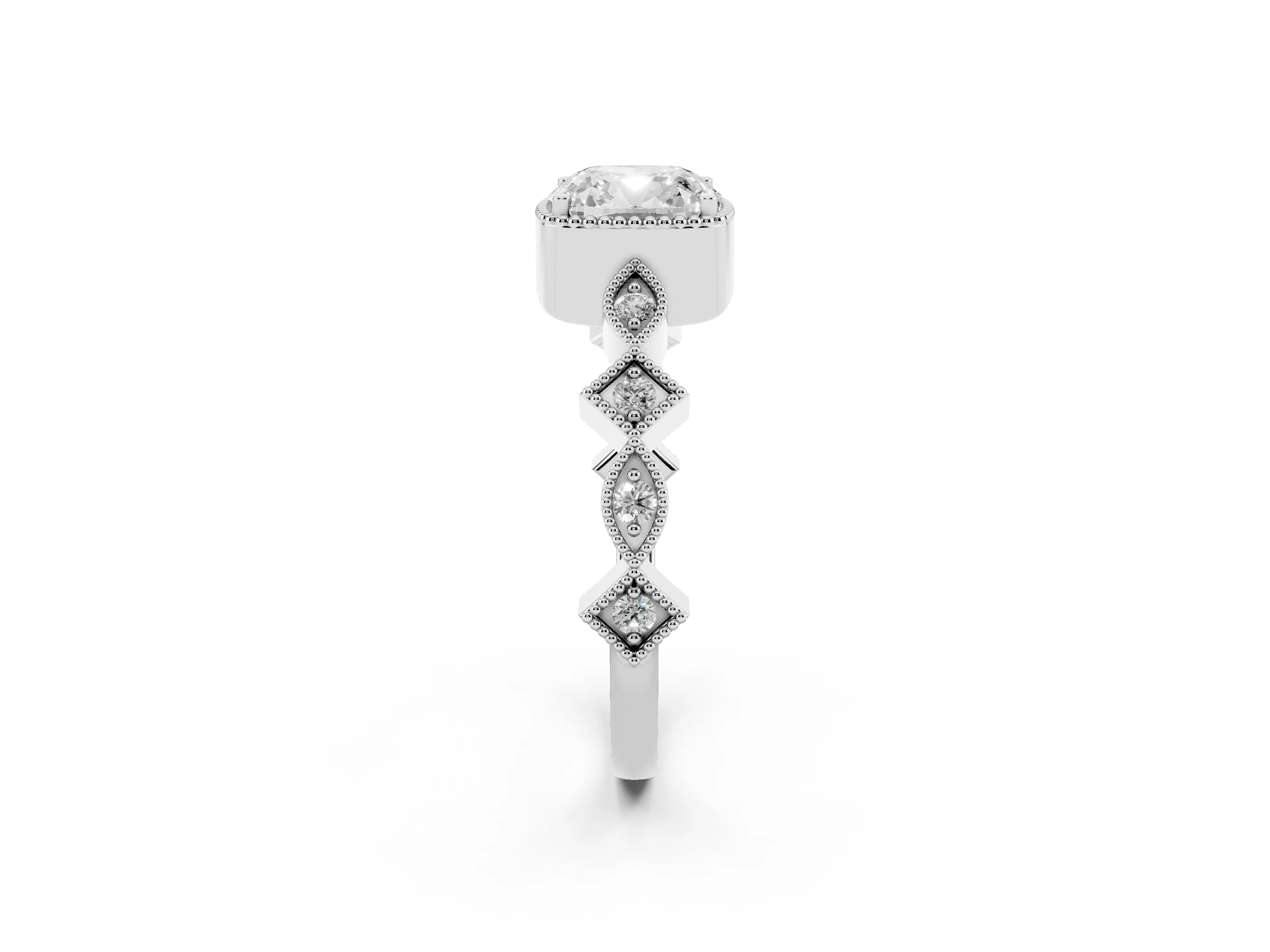 Cushion Cut Diamond Milgrain Marquise Twist Band Ring Set in Silver with Prong Setting